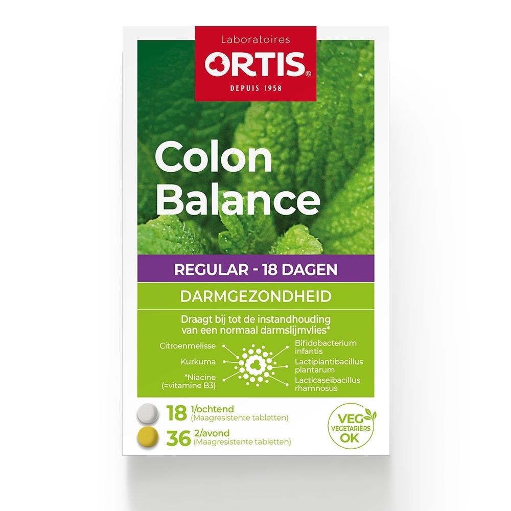 Ortis Colon Balance Regular verpakking met muntblad achtergrond.
