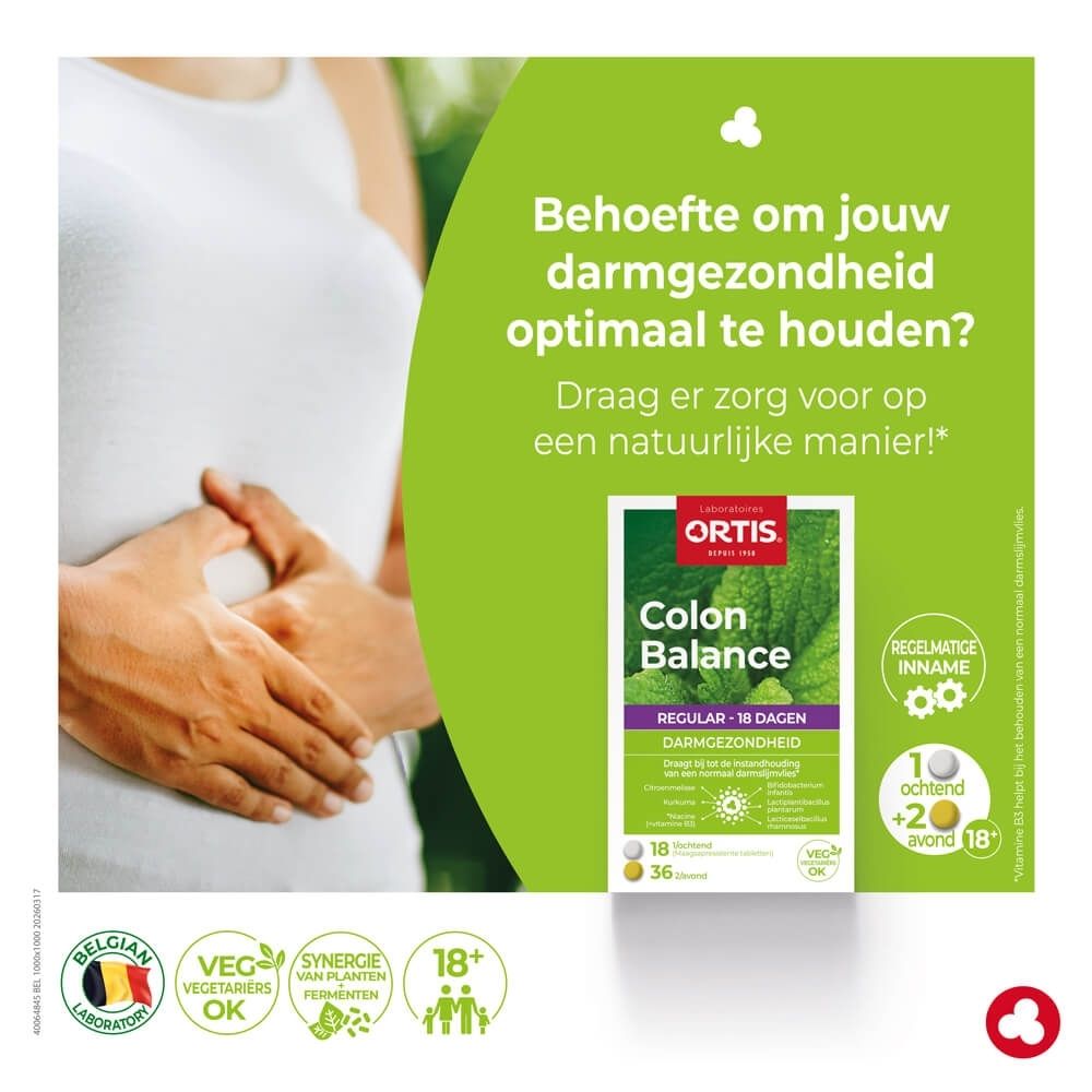Ortis Colon Balance Regular verpakking met muntblad achtergrond.