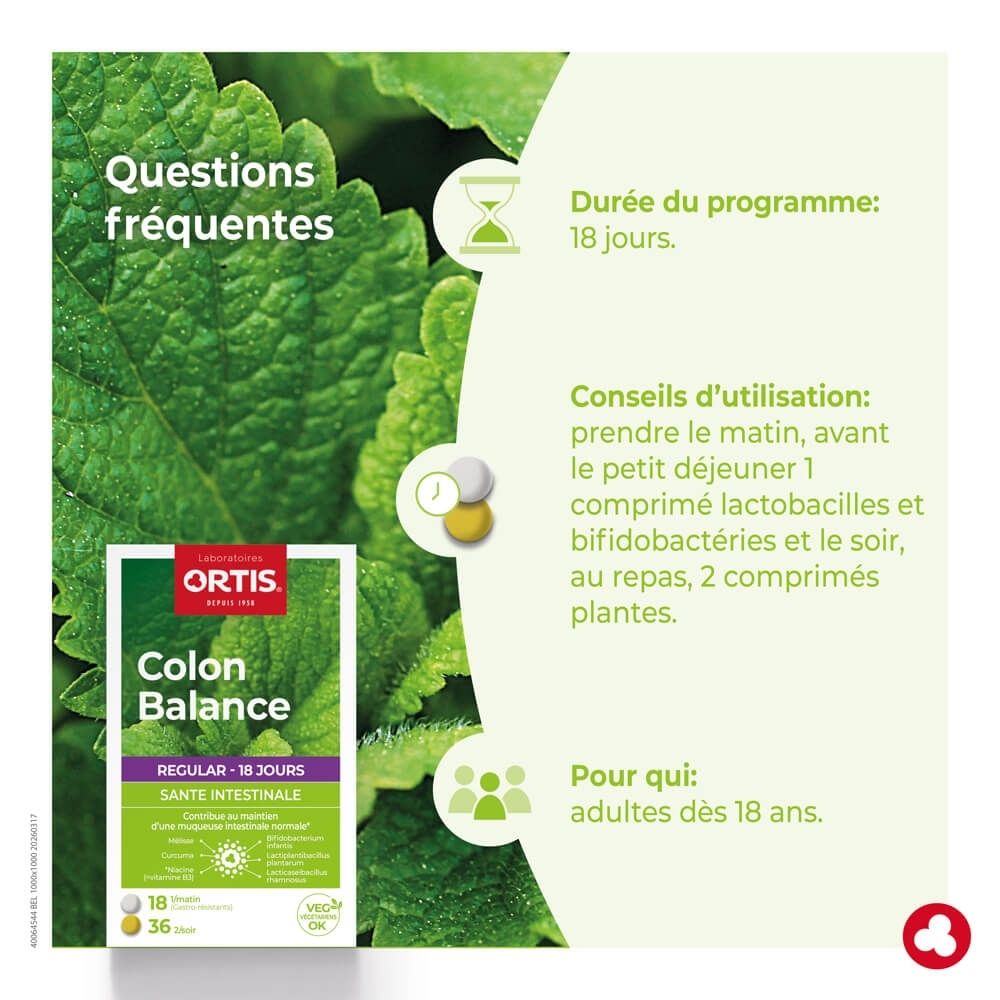 Boîte Ortis Colon Balance Regular sur fond de feuilles de menthe.