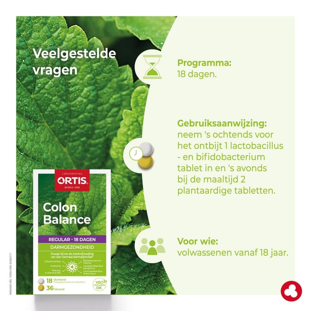 Ortis Colon Balance Regular verpakking met muntblad achtergrond.