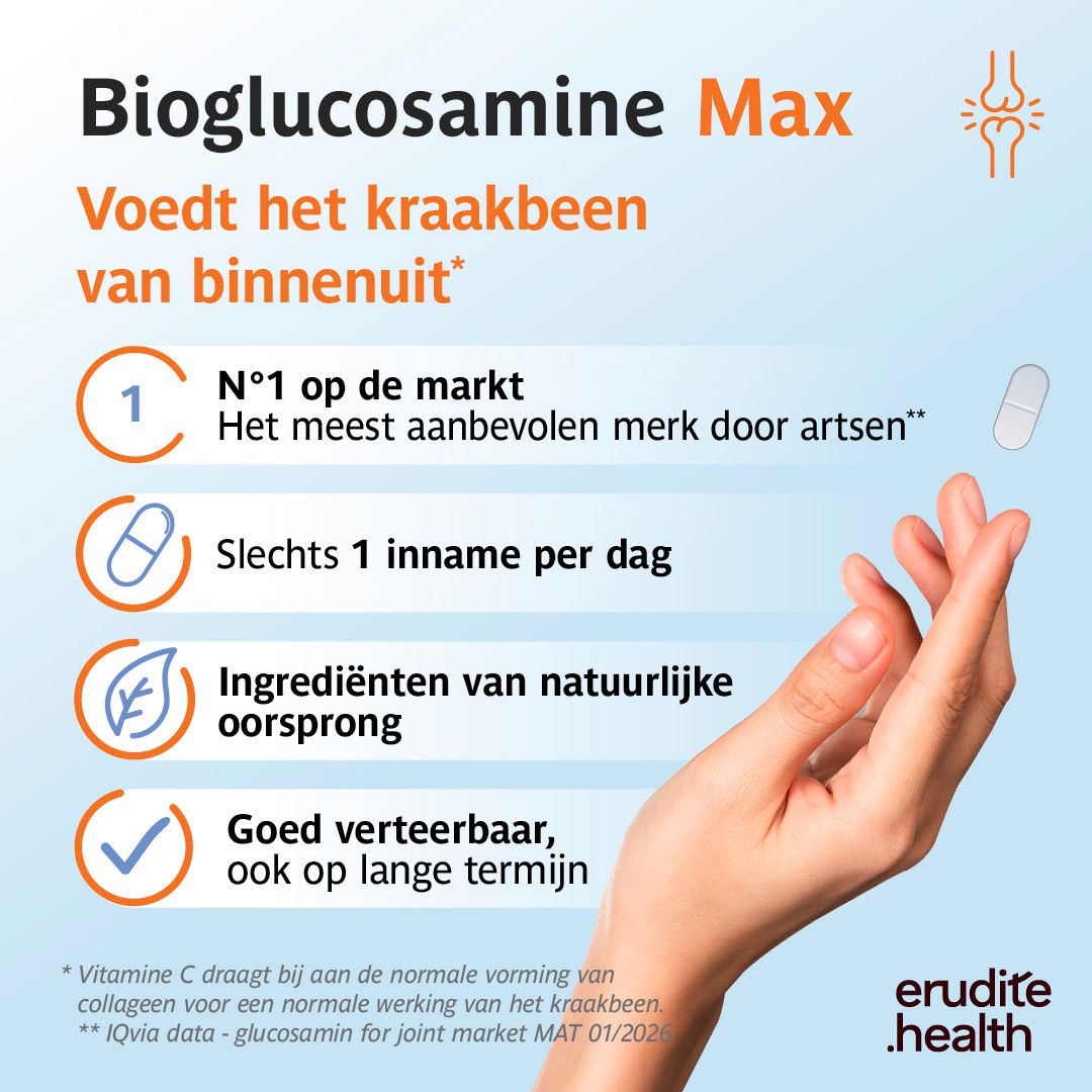 Bioglucosamine Max: 1 tablet of 1 zakje per dag. Bevat D-Glucosamine HCl en Vitamine C.