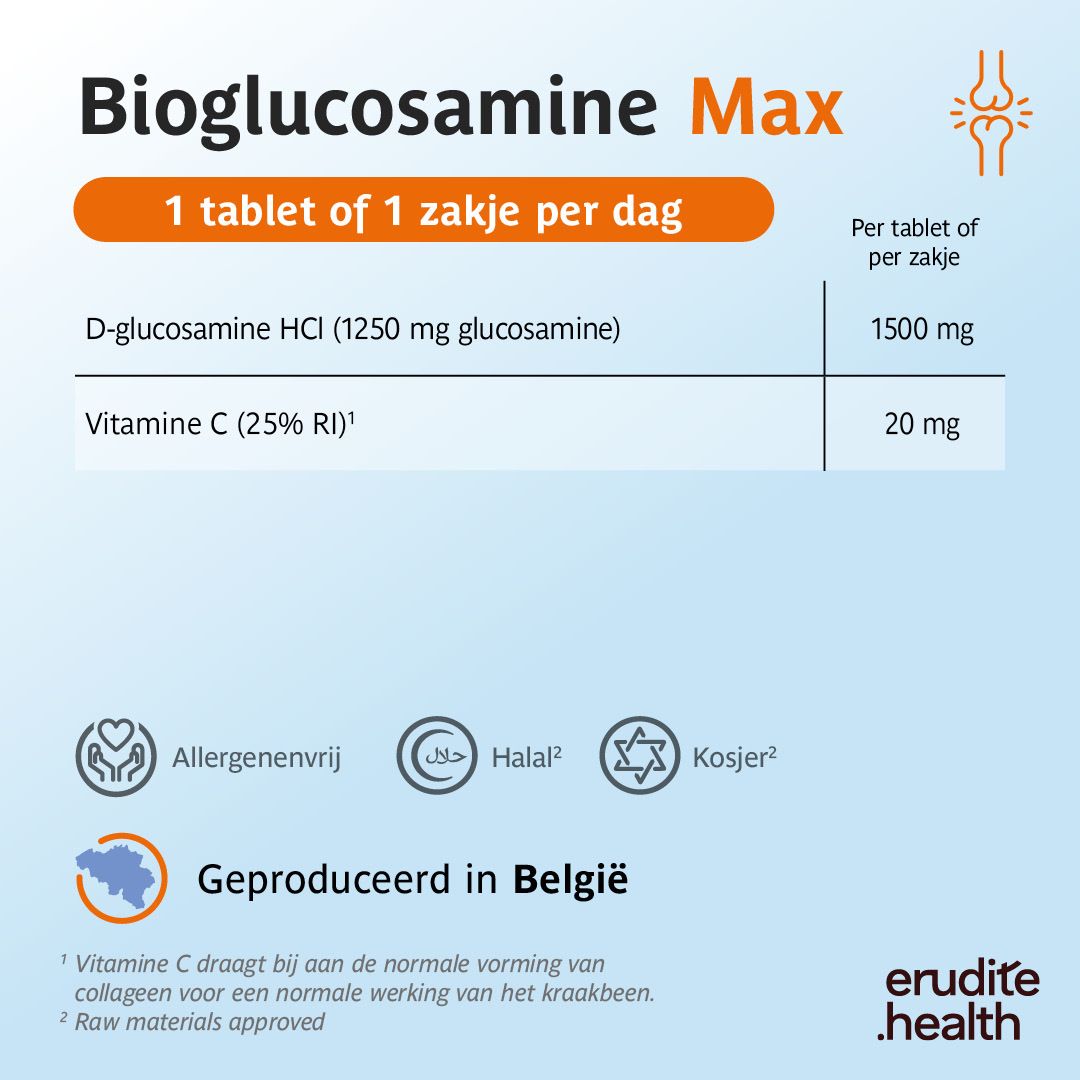 Bioglucosamine Max: Allergenenvrij, Halal, Kosher. Geproduceerd in België. Bevat D-Glucosamine HCl en Vitamine C.