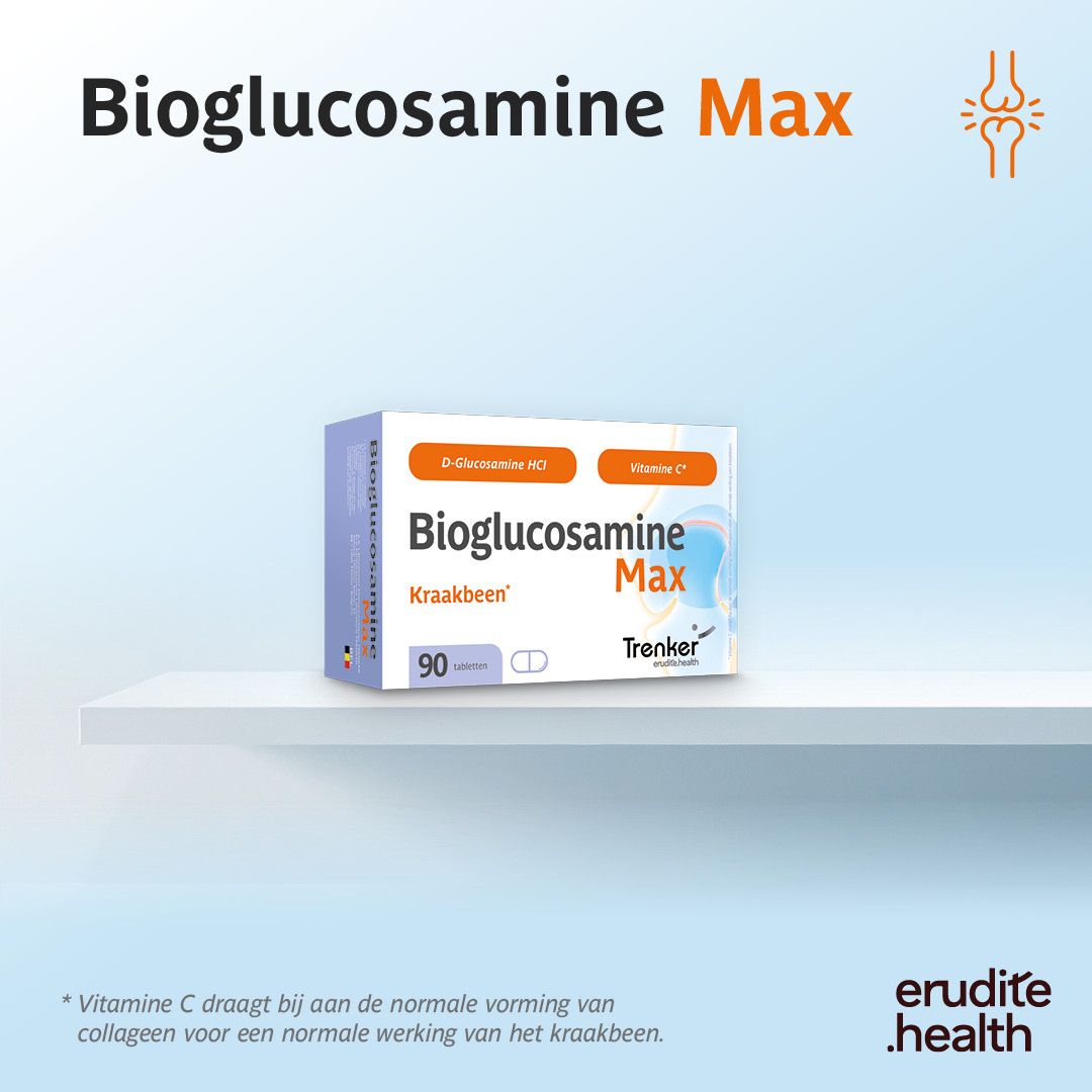 Doos Bioglucosamine Max op een plank. Bevat D-Glucosamine HCl en Vitamine C.