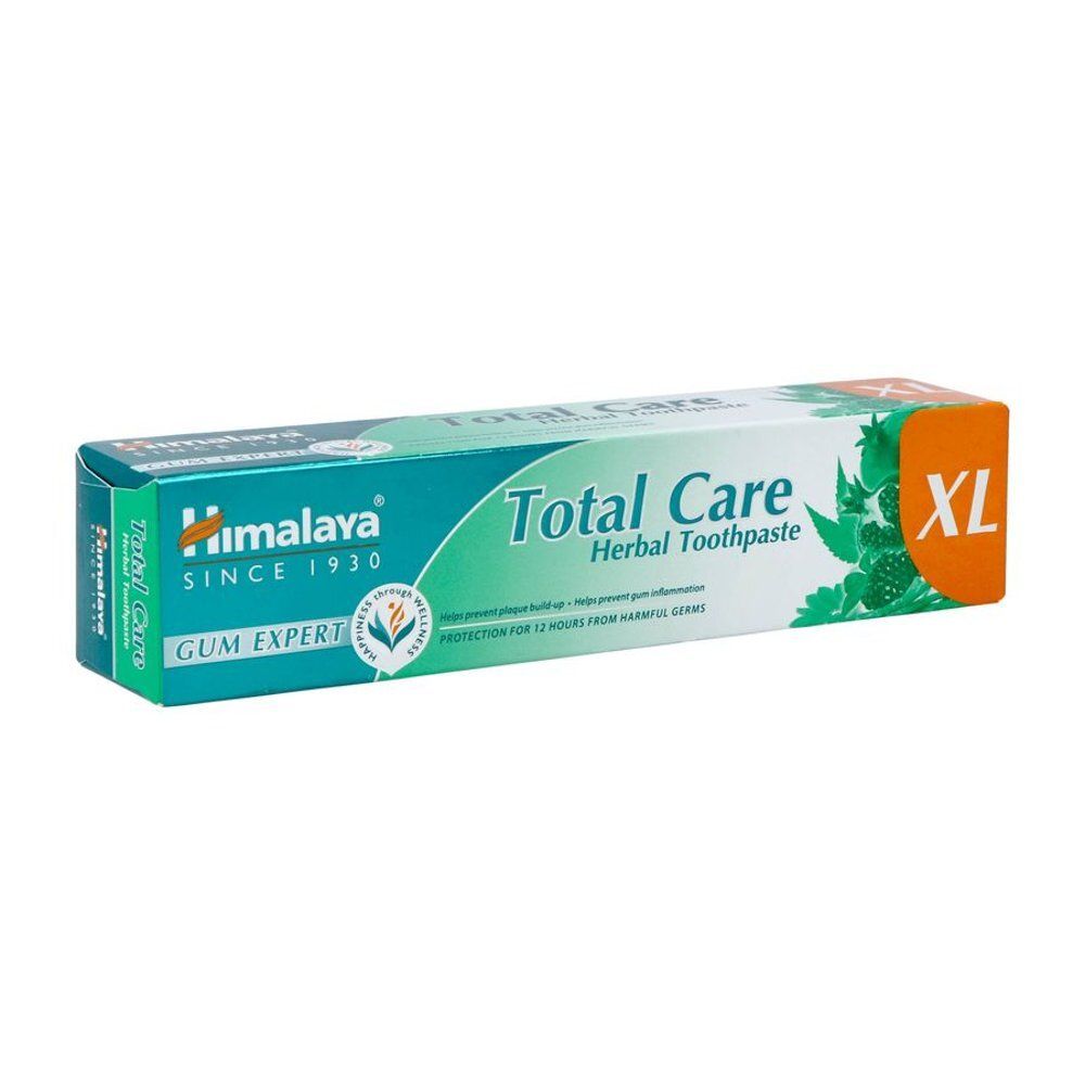 Boîte de dentifrice Himalaya Total Care Gum Expert. Taille XL. Design vert et blanc avec motif végétal.