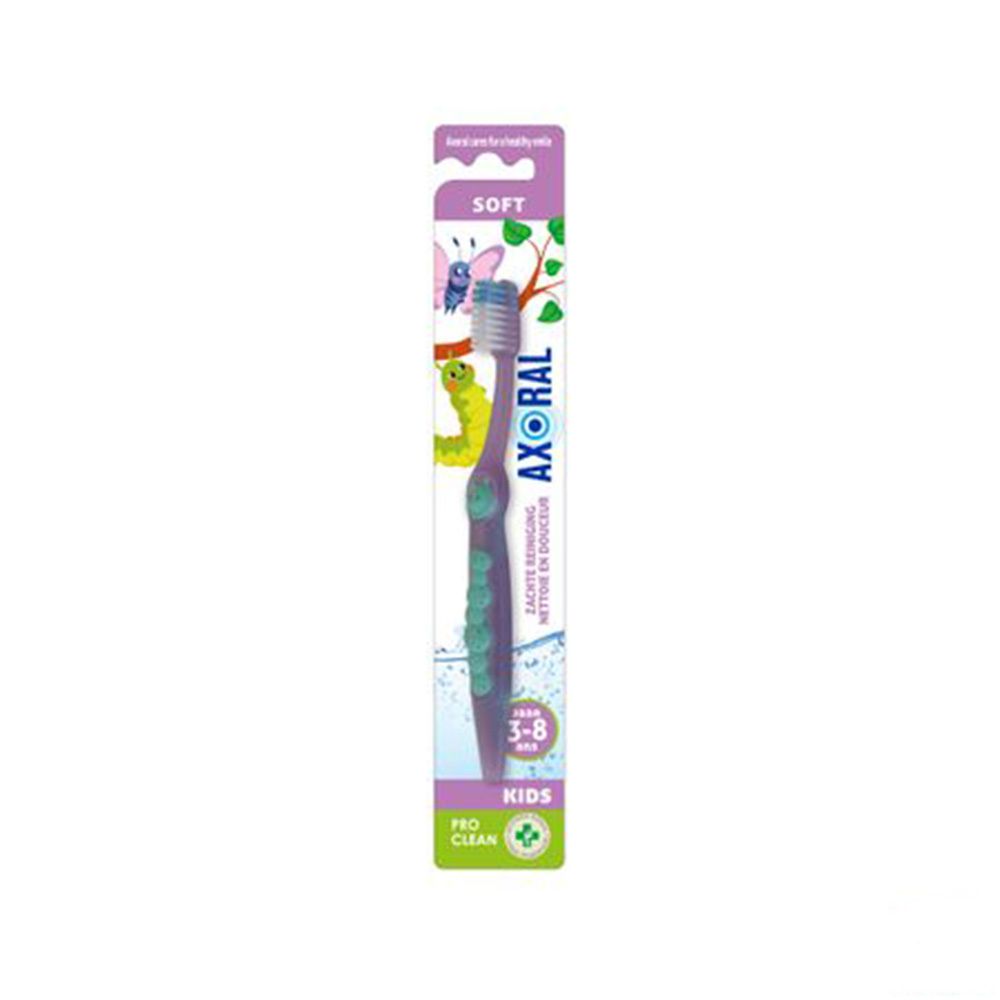 Paarse kinder-tandenborstel met groen handvat. Opschrift: AXORAL, 3-8 jaar, Soft. Verpakking met illustraties.