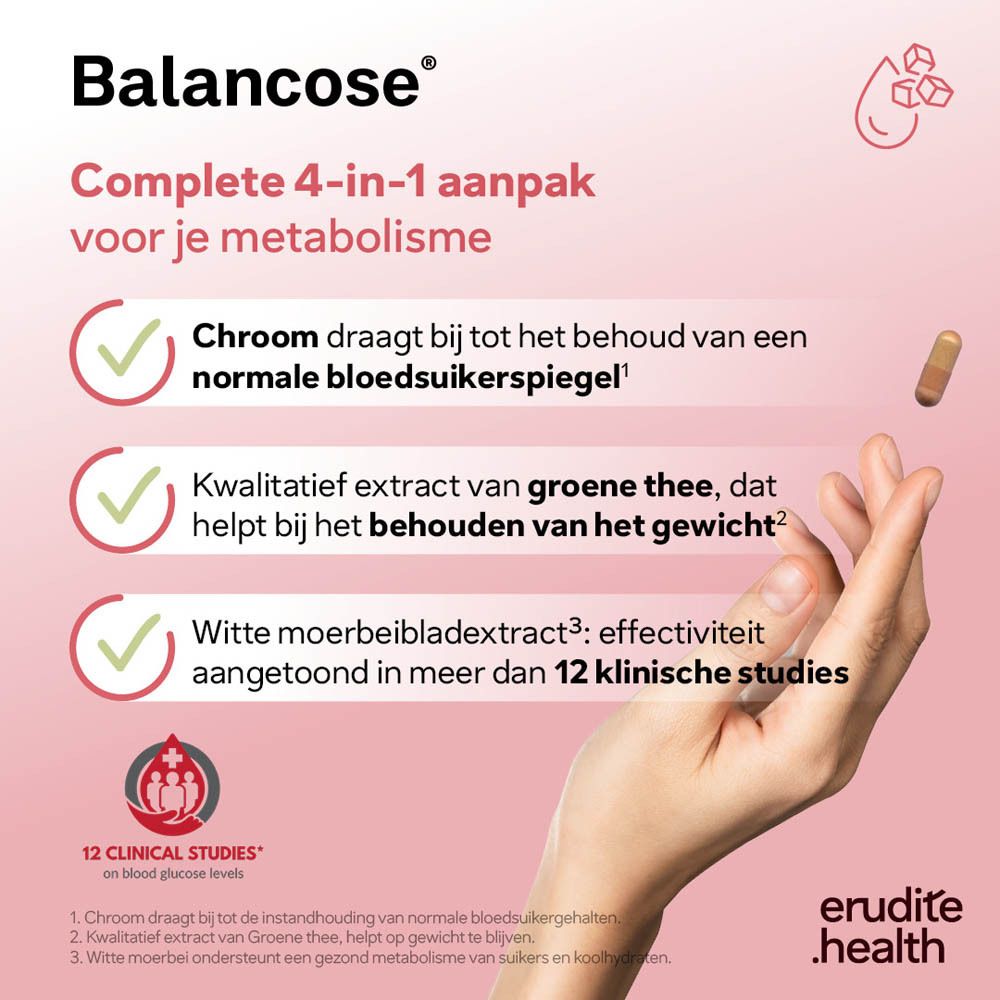 Balancose: vermindert opname suikers en koolhydraten, met glucosecurve.