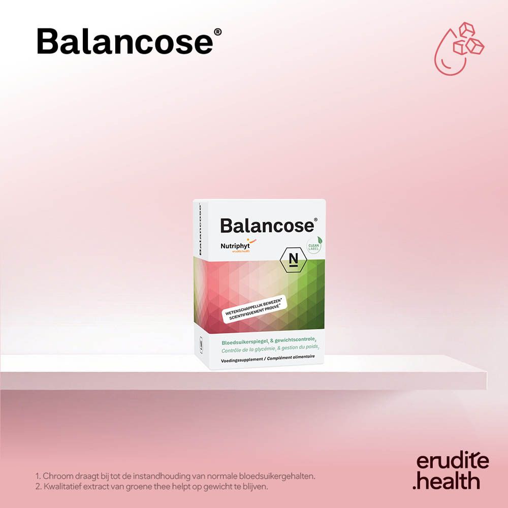 Nutriphyt Balancose verpakking op plank, voor bloedsuiker en gewicht.