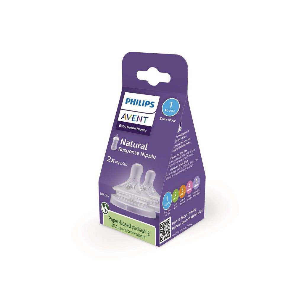 Verpakking met twee PHILIPS AVENT Natural Response spenen. Transparante spenen, paarse doos met productnaam en logo.