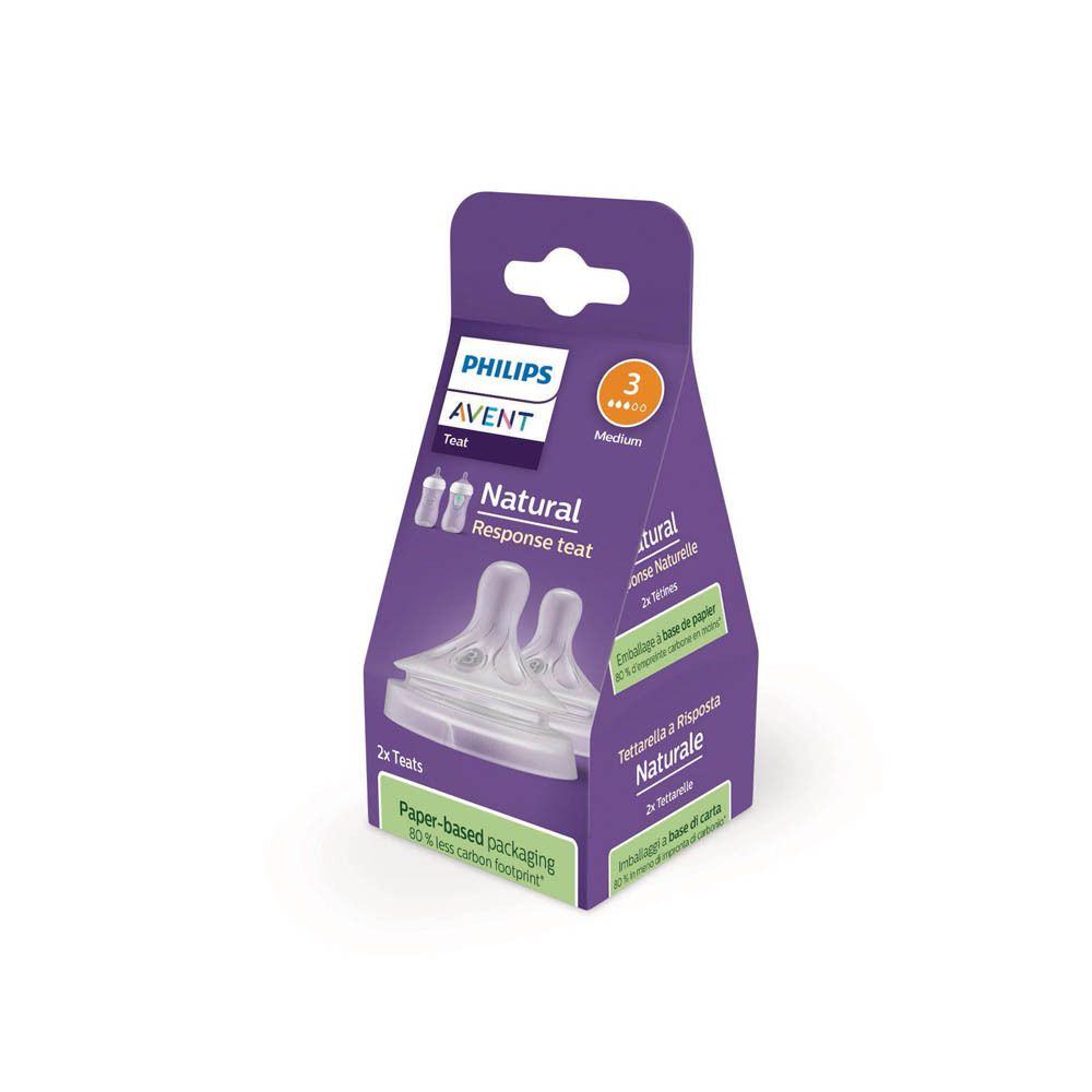 Doos met twee transparante spenen. Opschrift: PHILIPS AVENT Natural Response Teat. Aanbevolen voor 3m+.