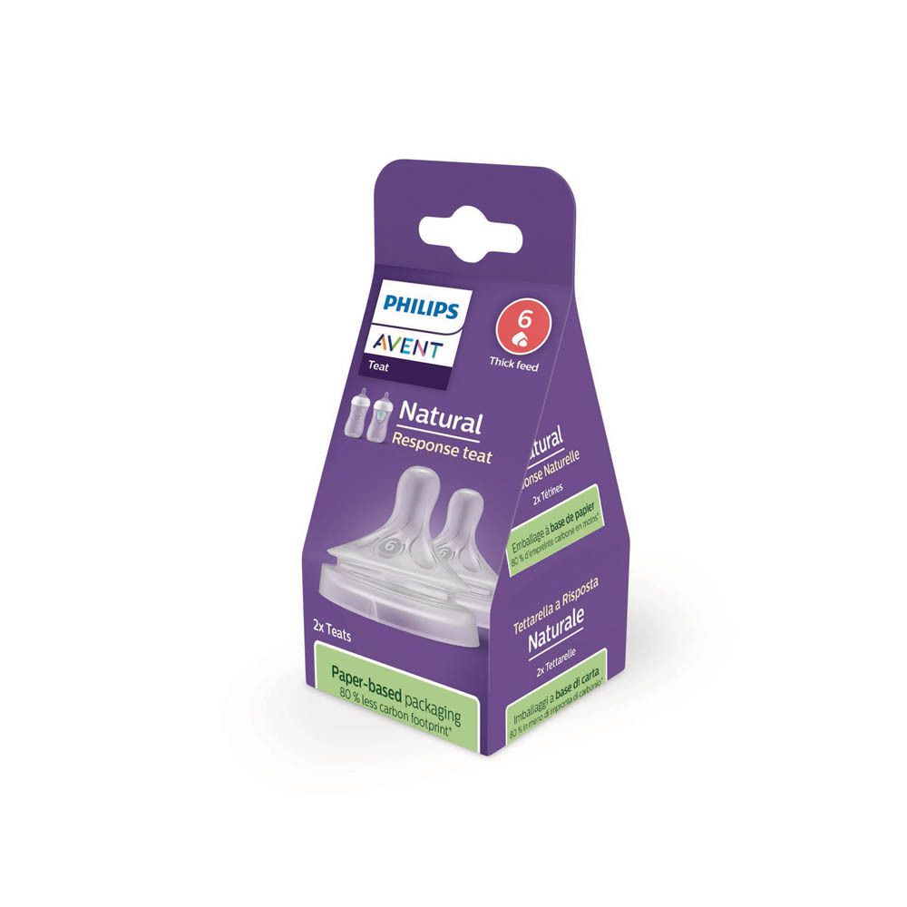 Verpakking met twee transparante spenen. Op de verpakking staat "PHILIPS AVENT Natural Response Teat" en "6m+".