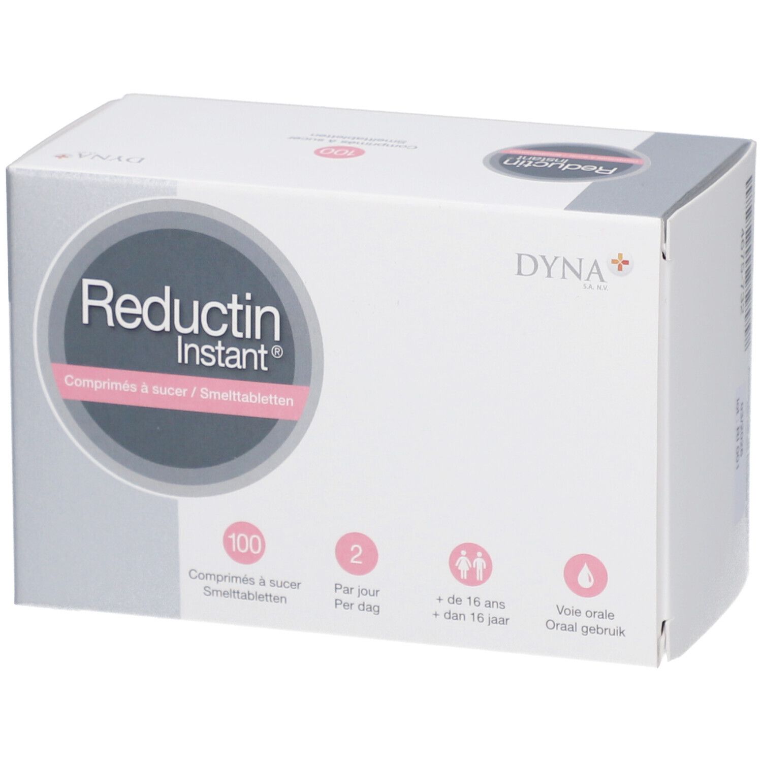 Witte doos "Reductin Instant". Bevat 100 tabletten. Informatie over dosering en leeftijd.