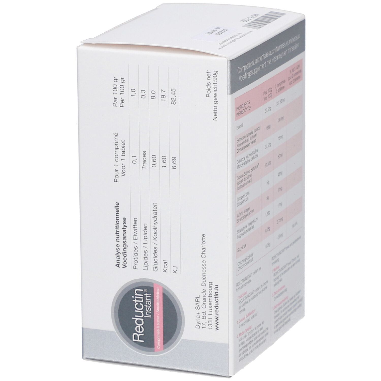 Achterkant van de doos met voedingsanalyse voor "Reductin Instant". Informatie per tablet.