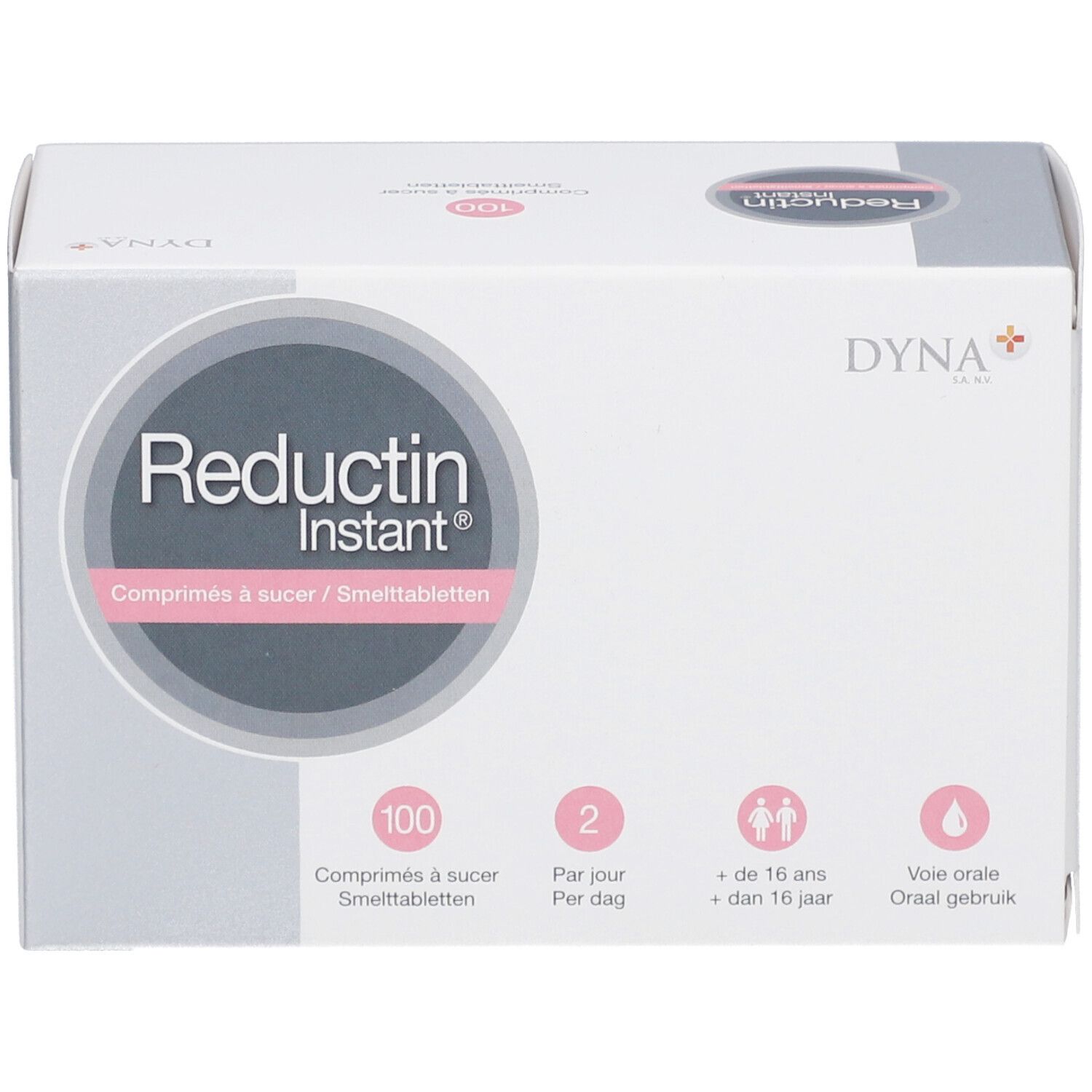 Witte doos "Reductin Instant". Bevat 100 tabletten. Informatie over dosering en leeftijd.