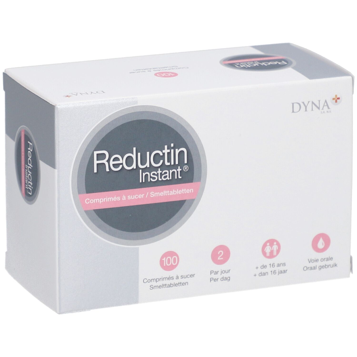 Witte doos "Reductin Instant". Bevat 100 tabletten. Informatie over dosering en leeftijd.