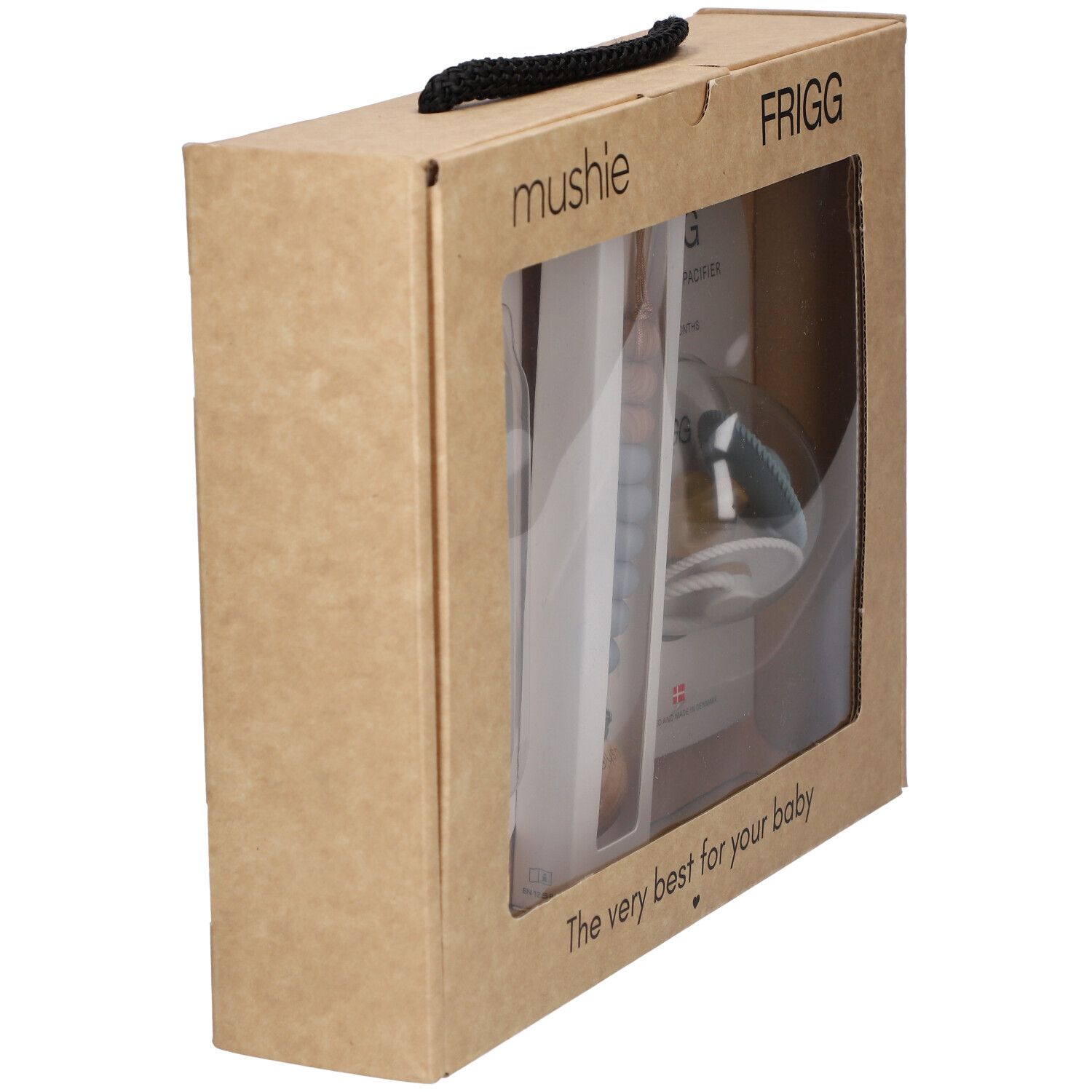 Bruine cadeauset voor baby's. Babyartikelen zichtbaar door transparant venster. Zwarte handgreep bovenaan.