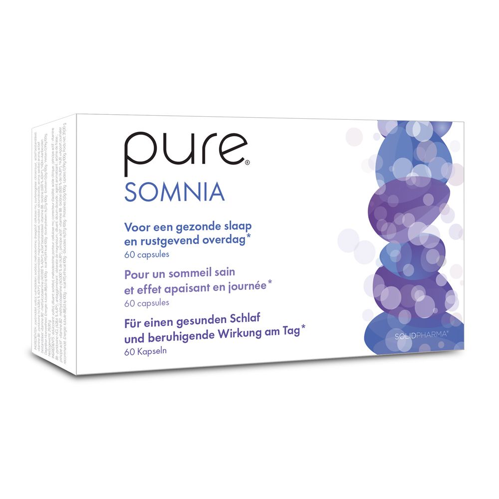 Doosje met "pure Somnia" capsules. Witte verpakking met blauwe en paarse elementen. 60 capsules.