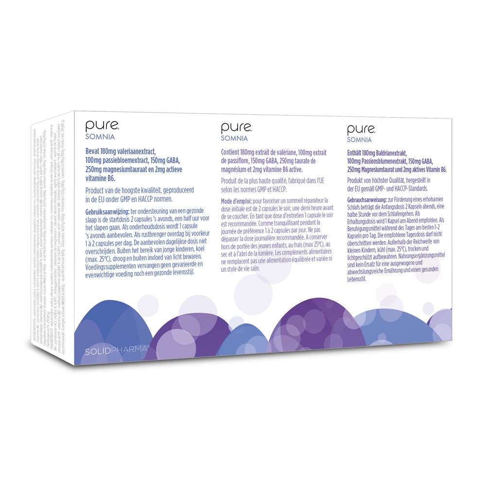 Achterkant van het "pure Somnia" doosje. Tekst in meerdere talen. Blauwe en paarse elementen.