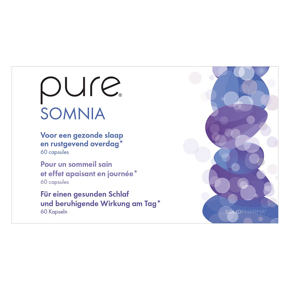 Doosje met "pure Somnia" capsules. Witte verpakking met blauwe en paarse elementen. 60 capsules.
