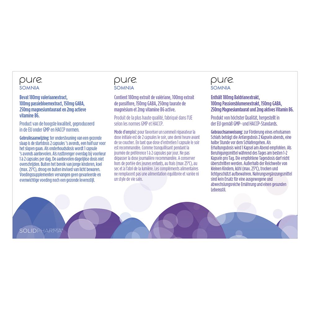 Twee "pure Somnia" doosjes. Tekst en pijlen wijzen op productkenmerken. Achtergrond: beige.