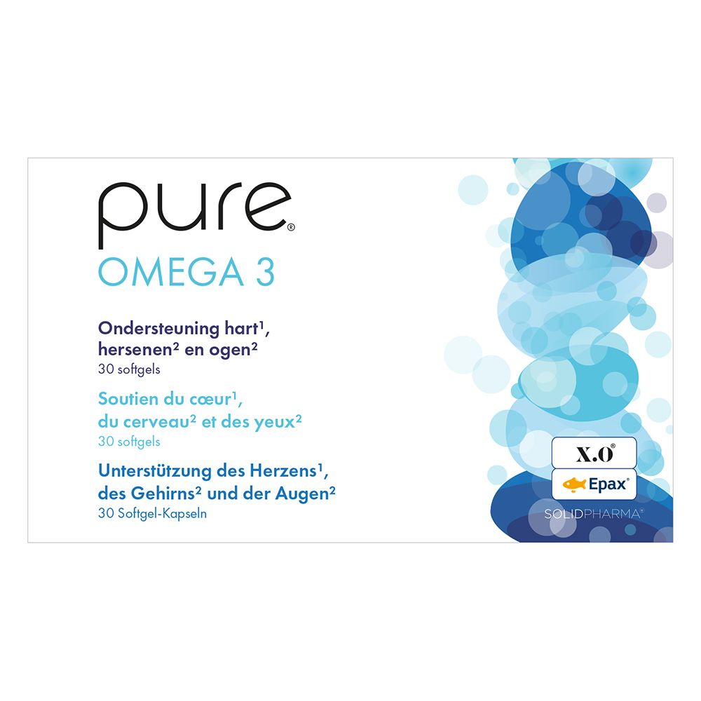 Boîte blanche avec logo « pure Omega 3 ». Texte en néerlandais, français et allemand. 30 gélules.