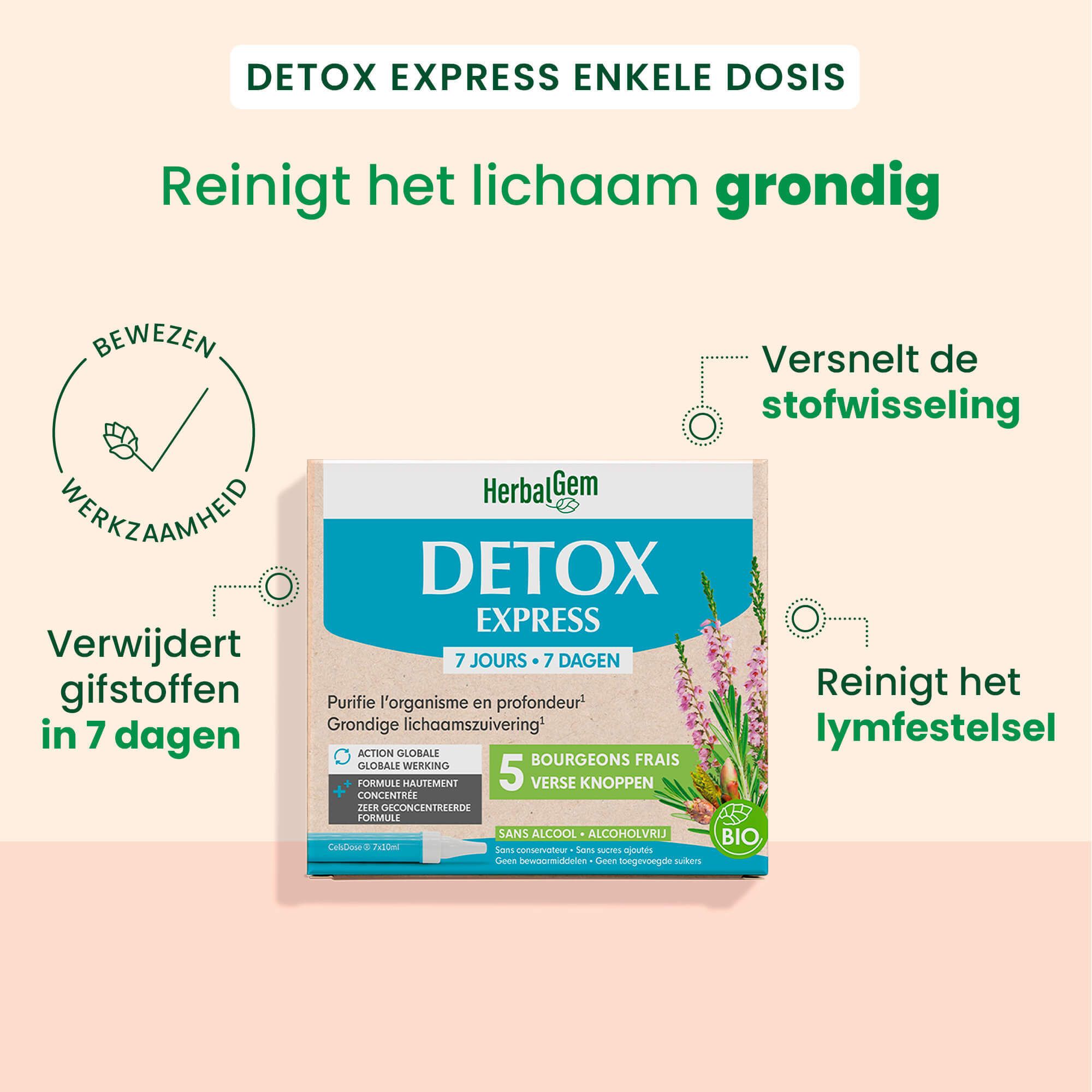 Doos Detox Express, 7 dagen. Bevat 5 verse knoppen. Bio-certificering. Pijlen tonen voordelen.