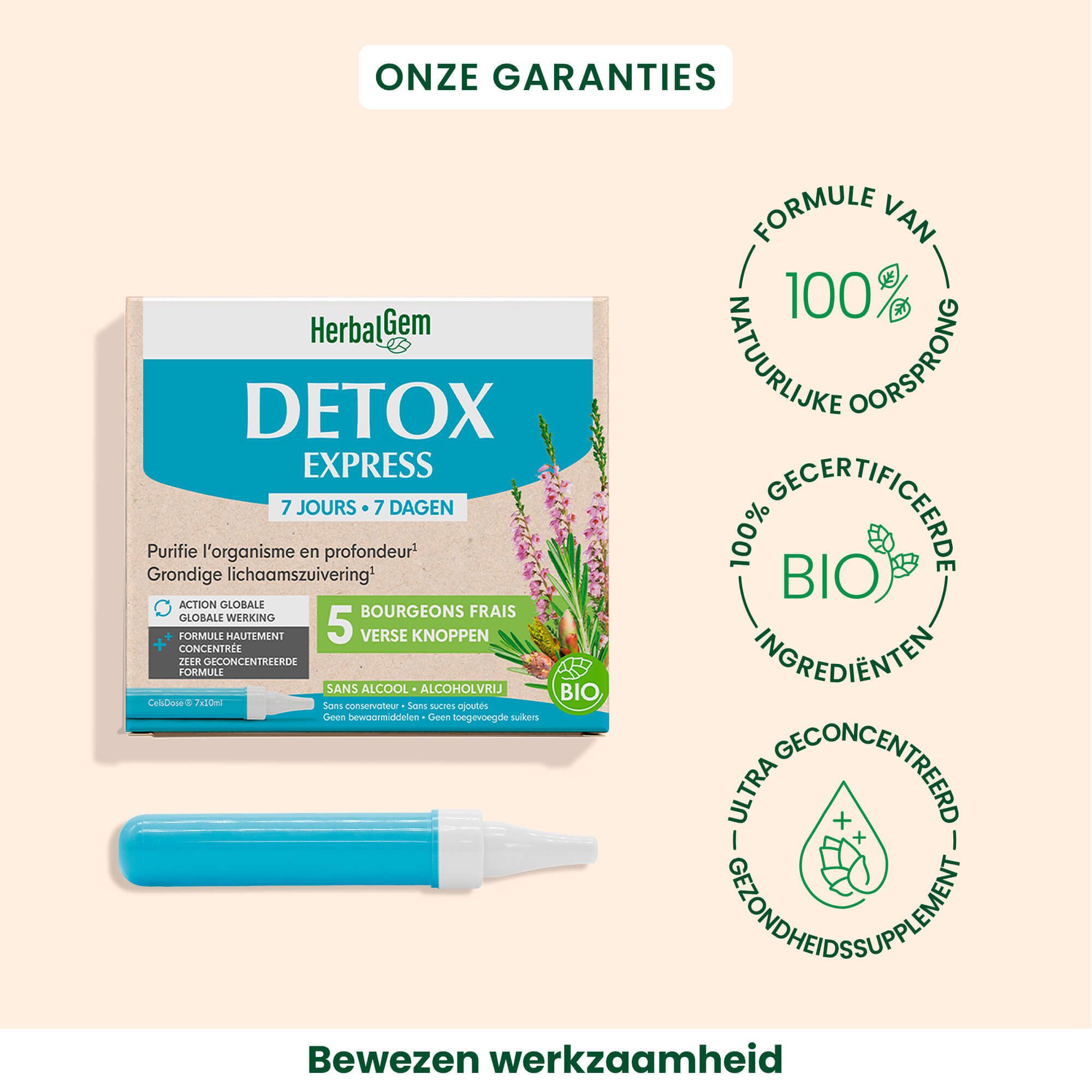 Doos Detox Express, 7 dagen. Bevat 5 verse knoppen. Bio-certificering. Voordelen benadrukt.