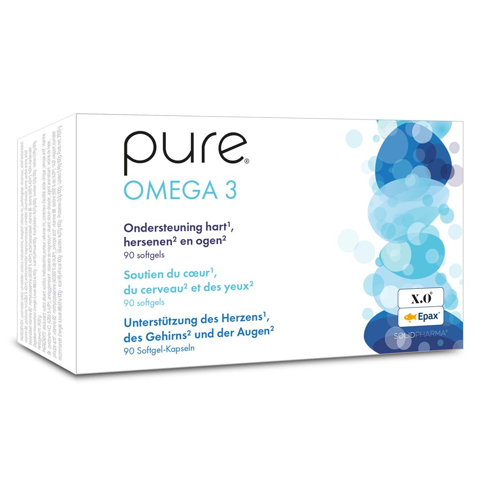 Witte doos met "pure Omega 3" logo. Blauwe grafiek. Tekst: Ondersteuning hart, hersenen en ogen. 90 softgels.
