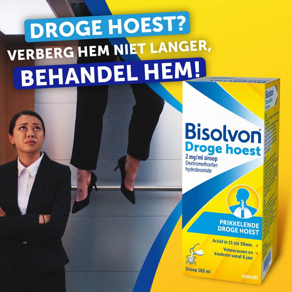 Reclame. Vrouw met hoest. Productverpakking op de achtergrond.