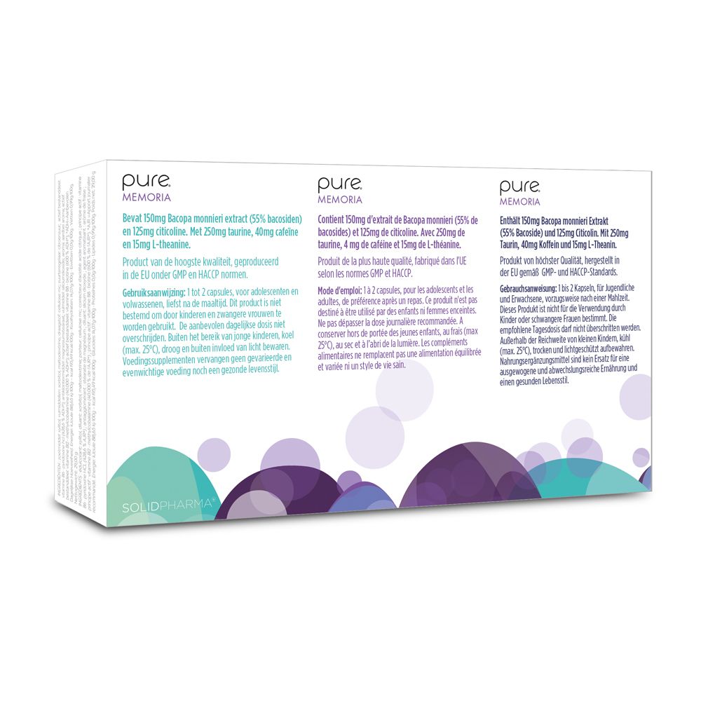 Dos de la boîte de gélules. Texte multilingue. Ingrédients et mode d'emploi.