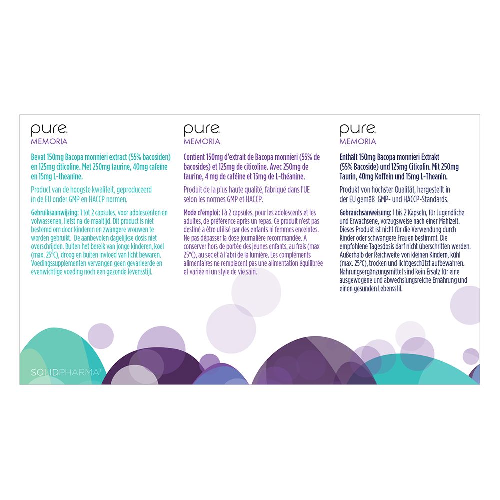 Twee doosjes met capsules. Opschrift: pure Memoria. Pijlen wijzen naar tekst.