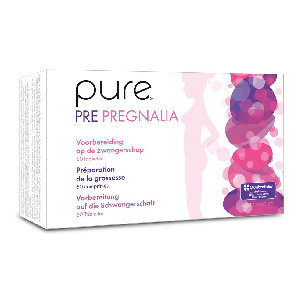 Witte doos met productopdruk. Opschrift: pure PRE PREGNALIA. 60 tabletten. Logo: Quatrefolic.