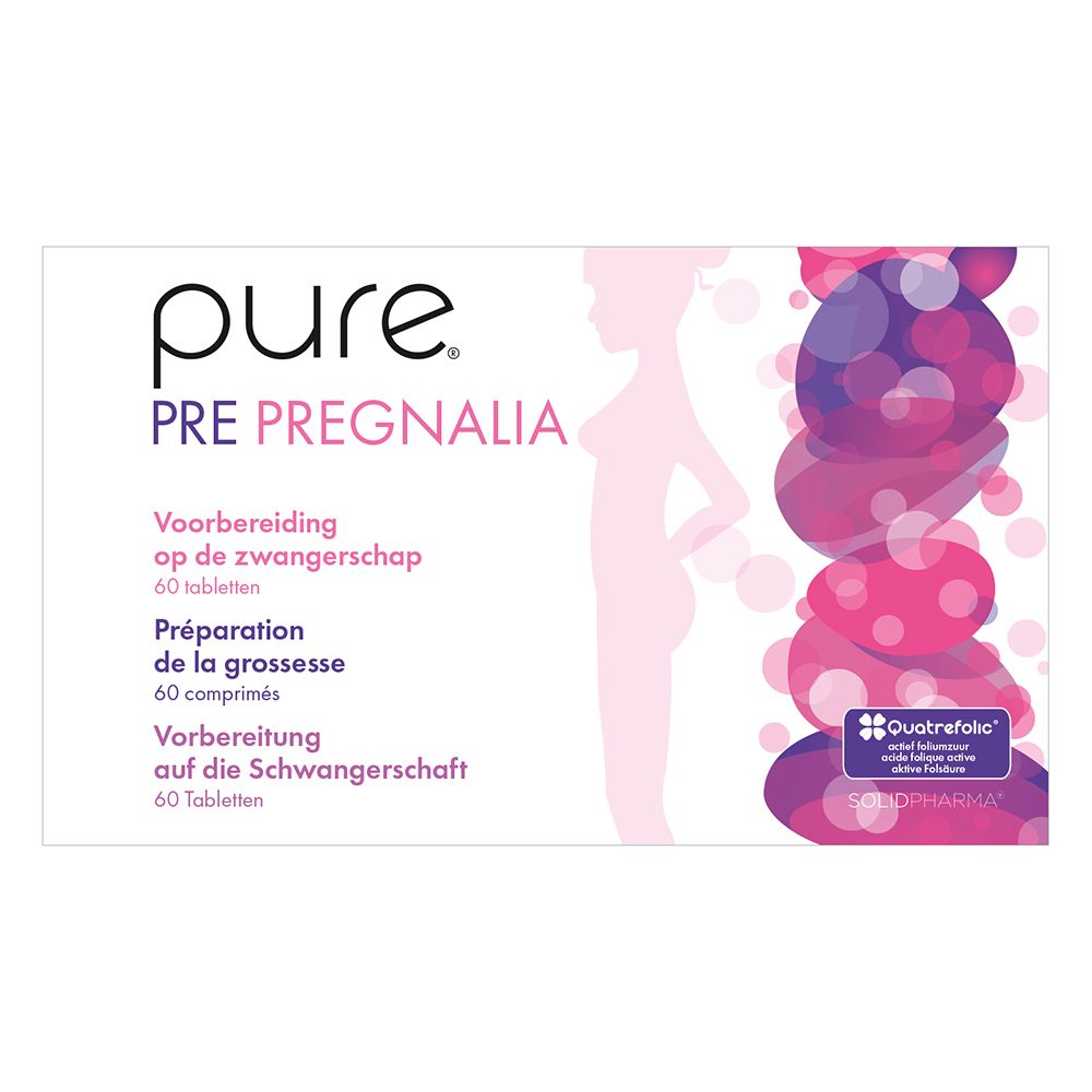 Witte doos met productopdruk. Opschrift: pure PRE PREGNALIA. 60 tabletten. Logo: Quatrefolic.