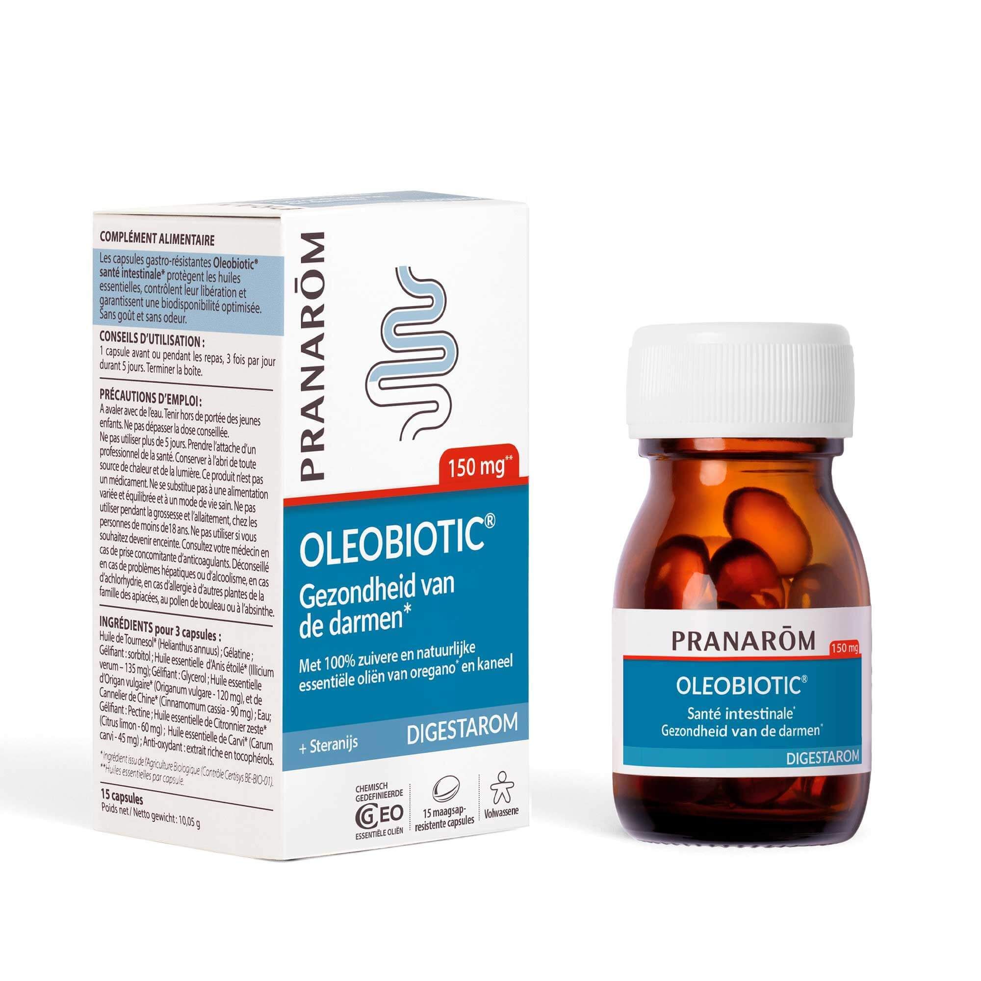 Bruine glazen fles en doos. Beide met productnaam en merk Pranarôm. Capsules zichtbaar. Tekst in het Frans en Nederlands.