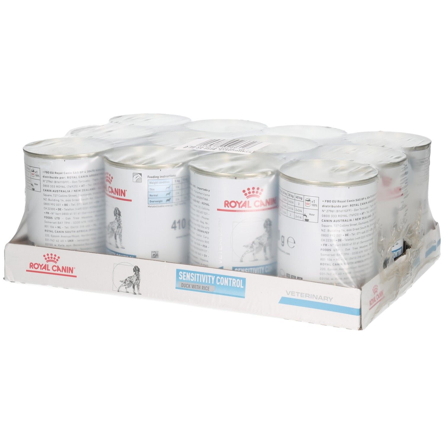 Douze boîtes de Royal Canin VET-D Sens.C. Duck Wet 410g en carton.