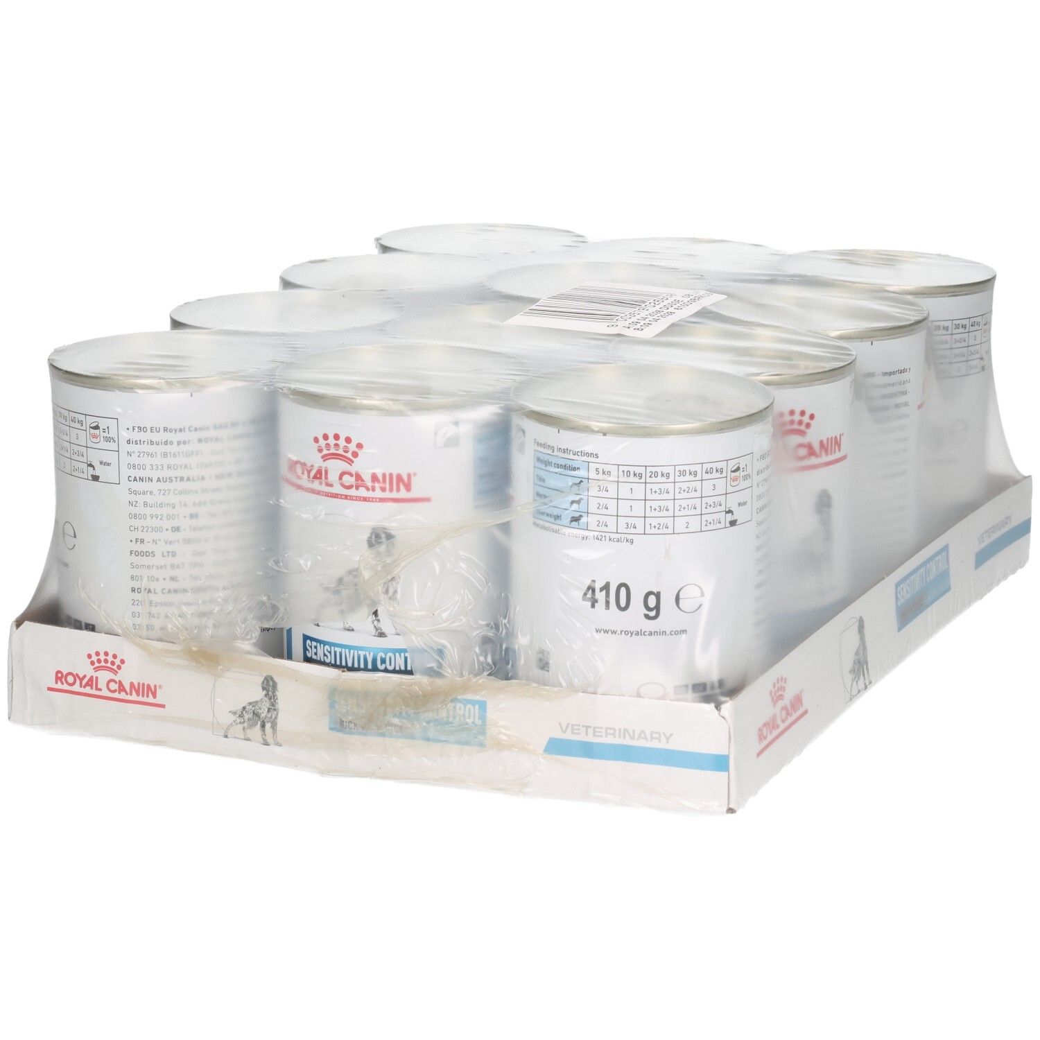 Douze boîtes de Royal Canin VET-D Sens.C. Duck Wet 410g en carton.