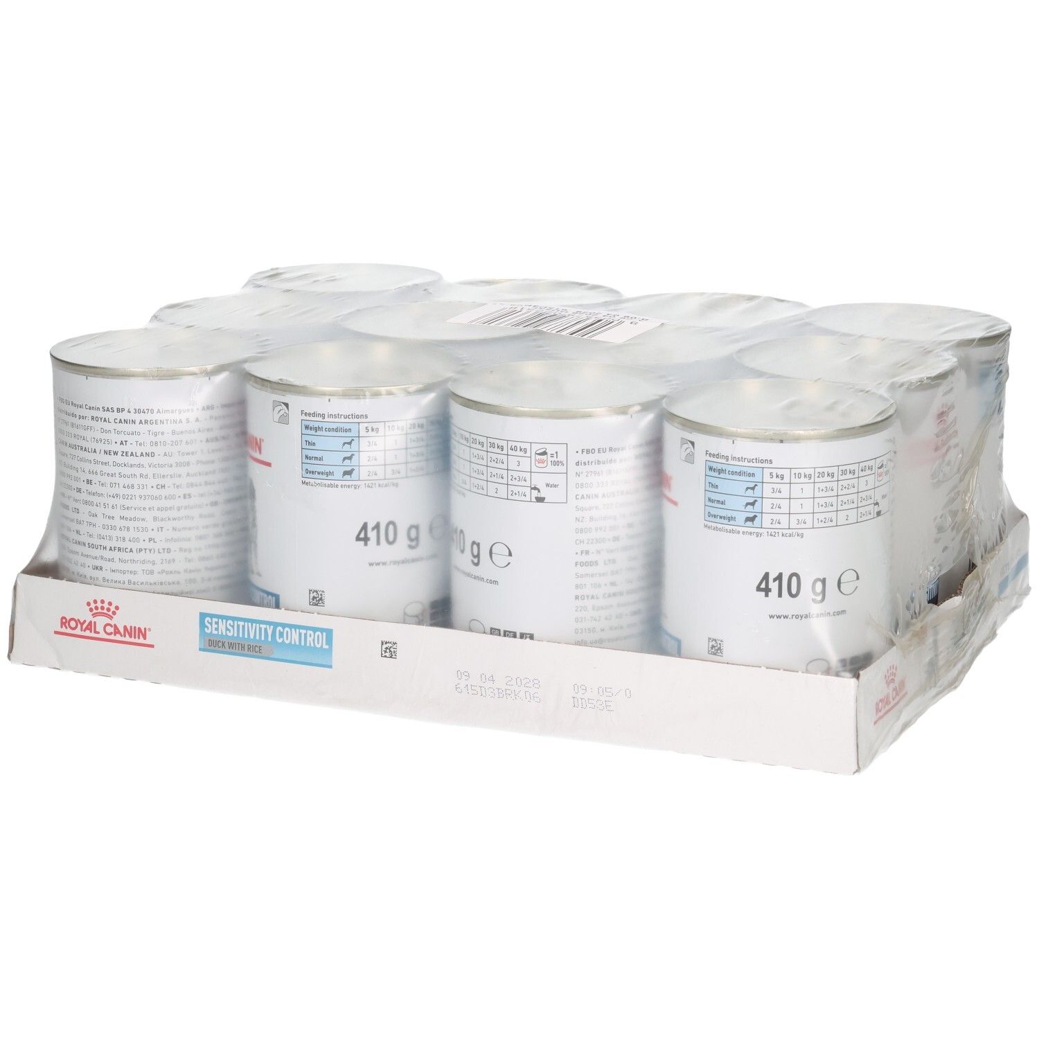 Douze boîtes de Royal Canin VET-D Sens.C. Duck Wet 410g en carton.