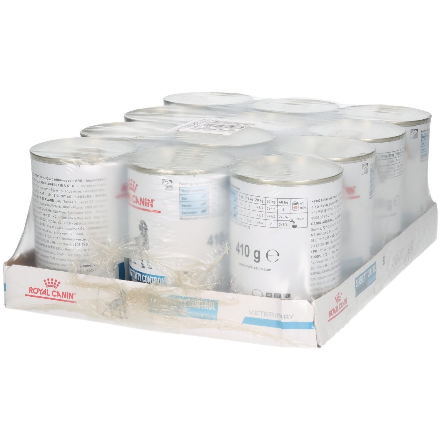 Douze boîtes de Royal Canin VET-D Sens.C. Duck Wet 410g en carton.