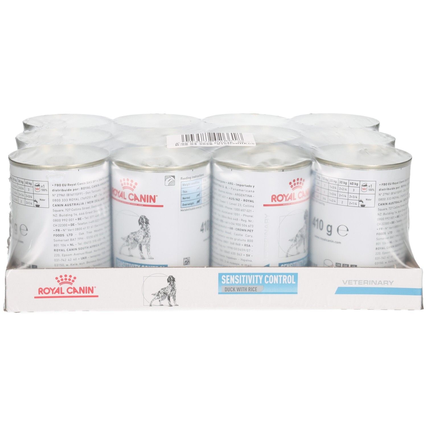 Douze boîtes de Royal Canin VET-D Sens.C. Duck Wet 410g en carton.