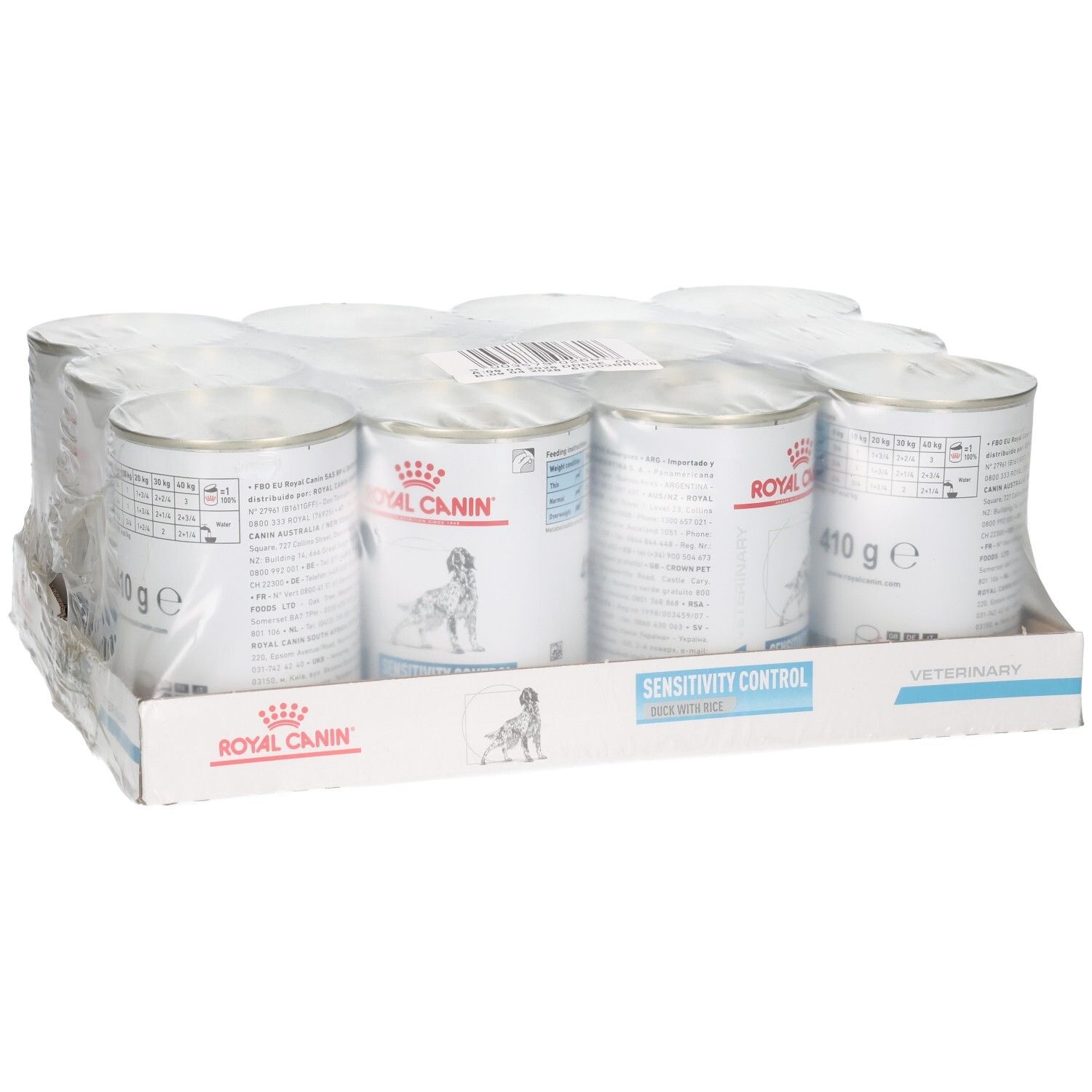 Douze boîtes de Royal Canin VET-D Sens.C. Duck Wet 410g en carton.