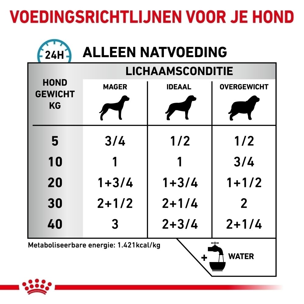 Voedingsrichtlijnen voor honden: Tabel toont voerhoeveelheid op basis van gewicht en lichaamsconditie (mager, ideaal, overgewicht).
