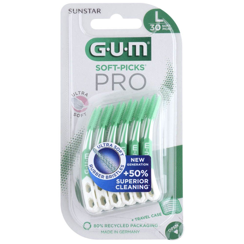 GUM SOFT-PICKS PRO Large. Verpakking van 30 stuks. Groene borstelharen, witte handgreep. Verpakking met productinfo.
