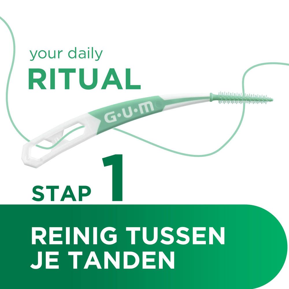 GUM SOFT-PICKS PRO. Interdentale borstel met groene borstelkop en witte handgreep. Tekst: Reinig tussen je tanden.