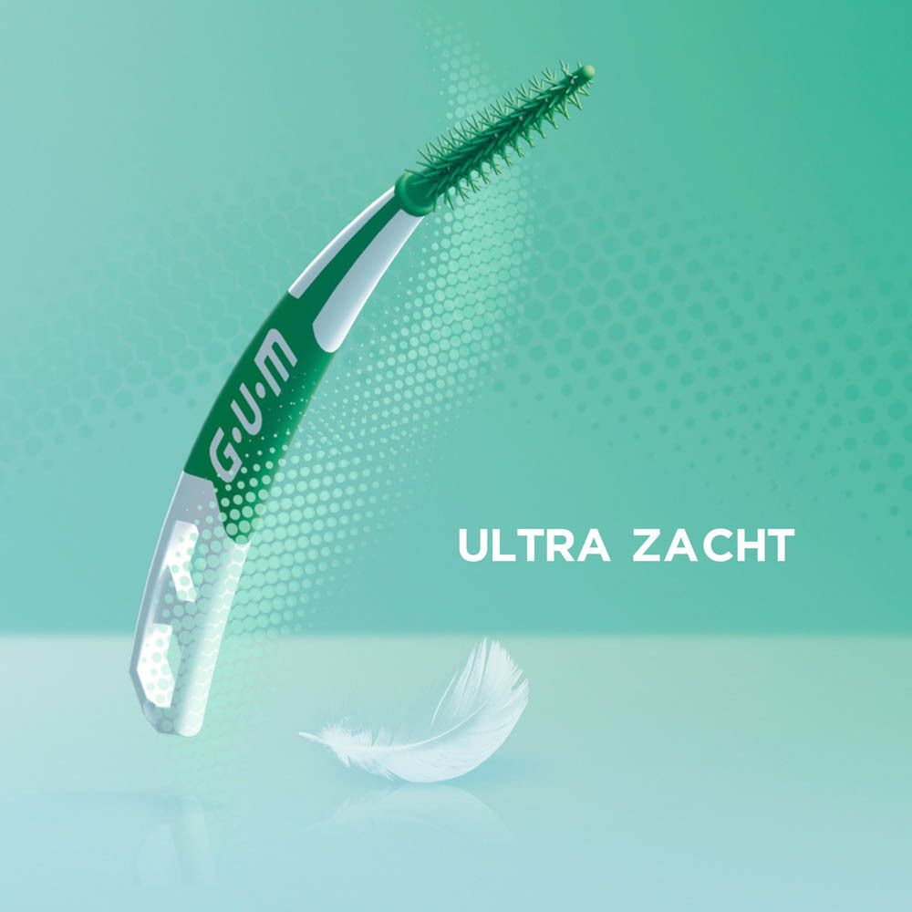 GUM SOFT-PICKS PRO. Interdentale borstel met groene borstelkop en witte handgreep. Tekst: Ultra zacht.