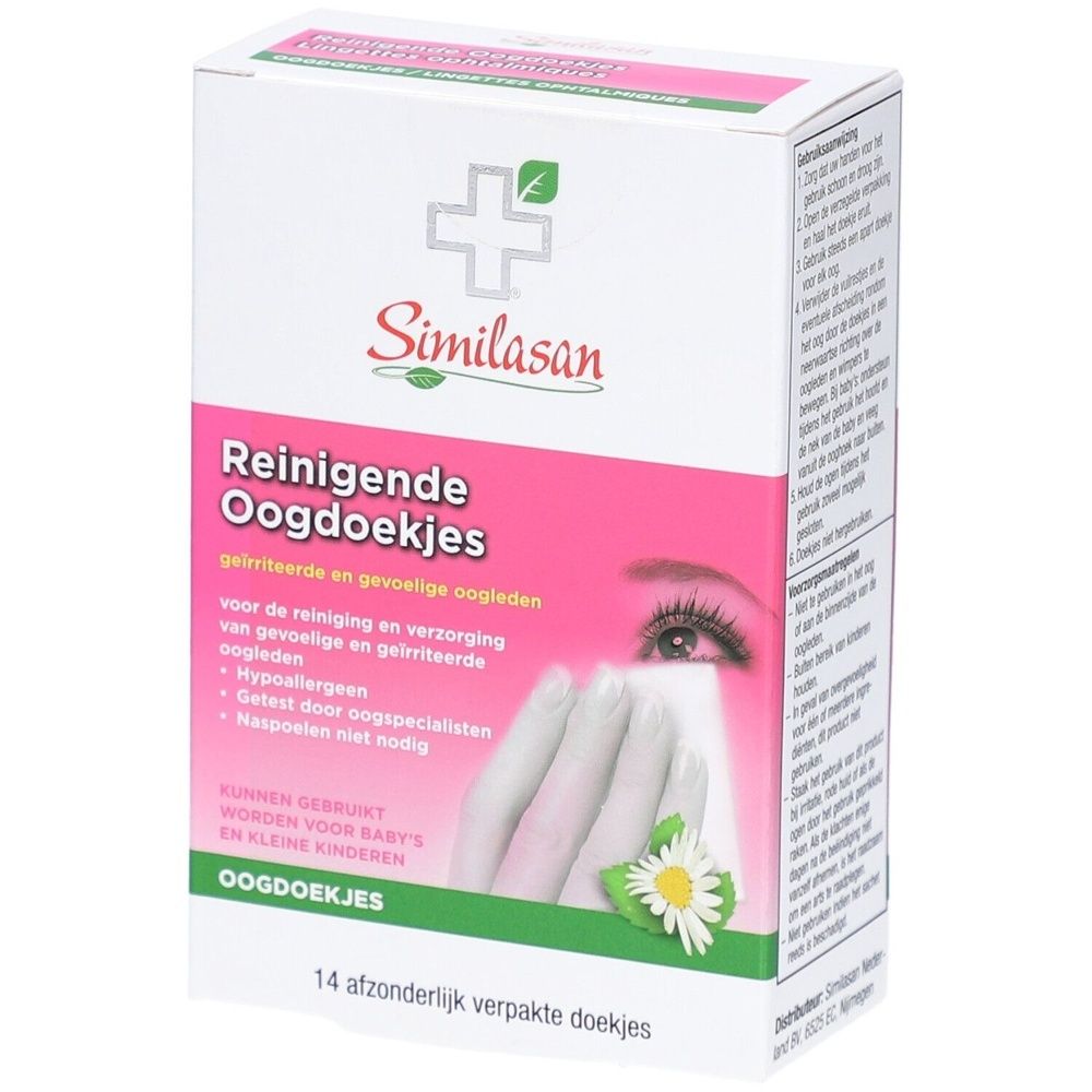 Similasan Reinigende Oogdoekjes. Witte verpakking met roze accenten. Tekst: Reinigende Oogdoekjes, 14 individueel verpakte doekjes.