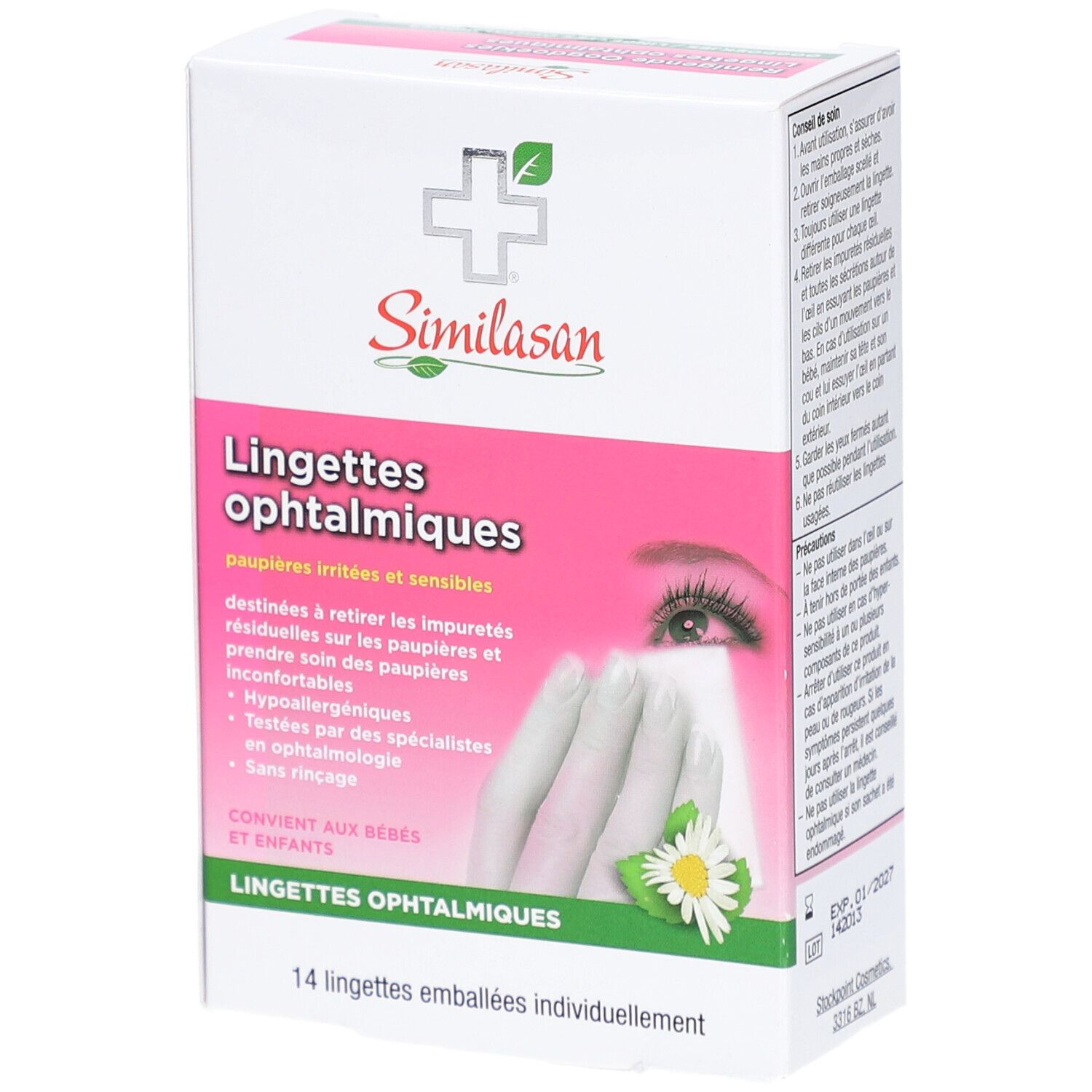 Boîte de Similasan Lingettes ophtalmiques. Emballage rose et blanc avec informations et logo. Contient 14 lingettes emballées individuellement.