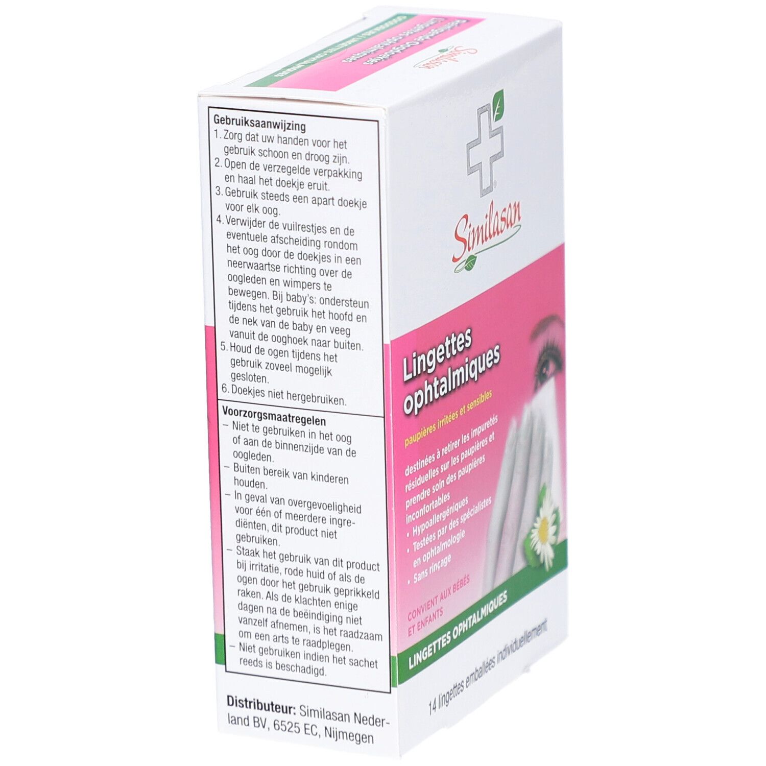 Boîte de Similasan Lingettes ophtalmiques. Emballage rose et blanc avec informations et logo. Texte en néerlandais.