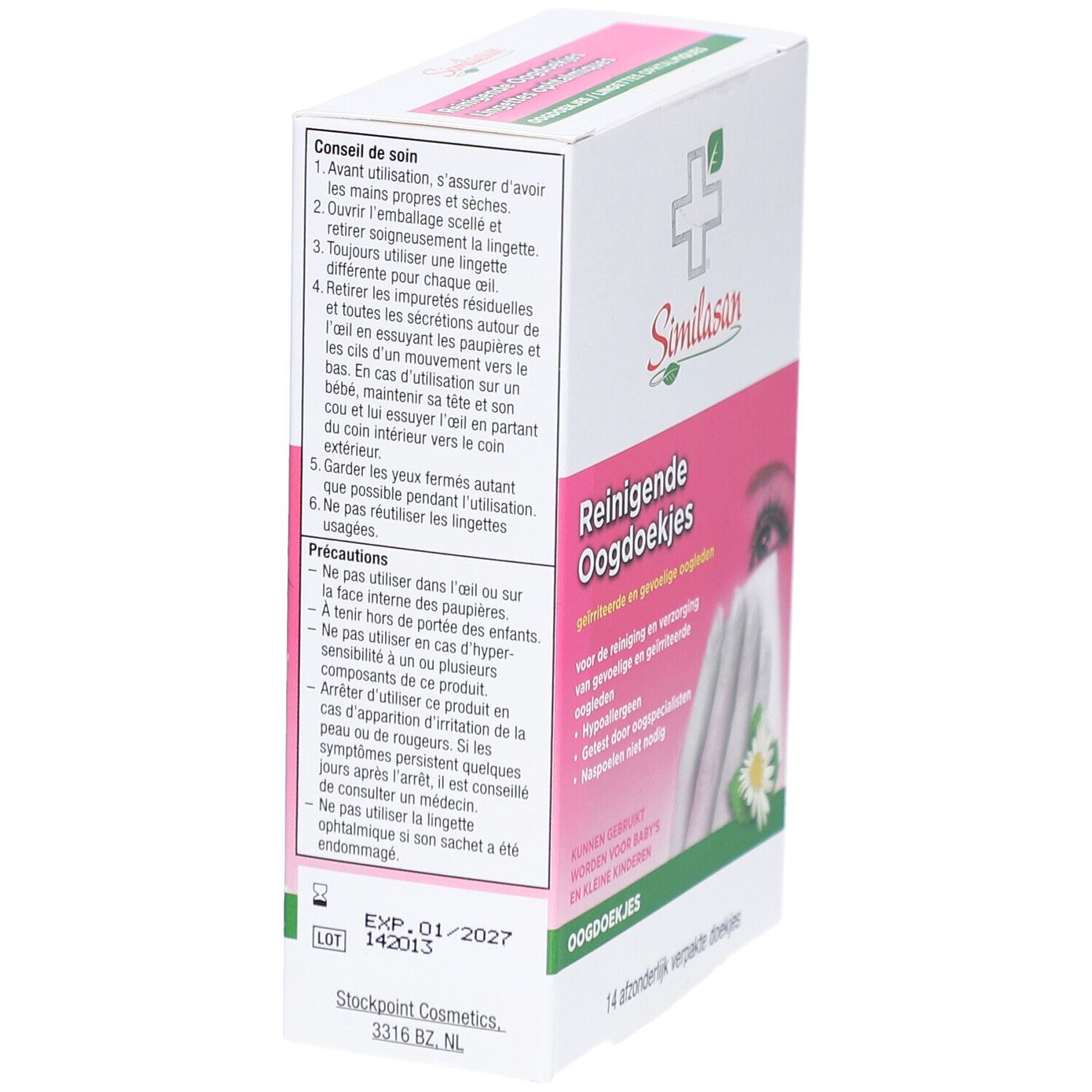Boîte de Similasan Reinigende Oogdoekjes. Emballage rose et blanc avec informations et logo. Texte en néerlandais.