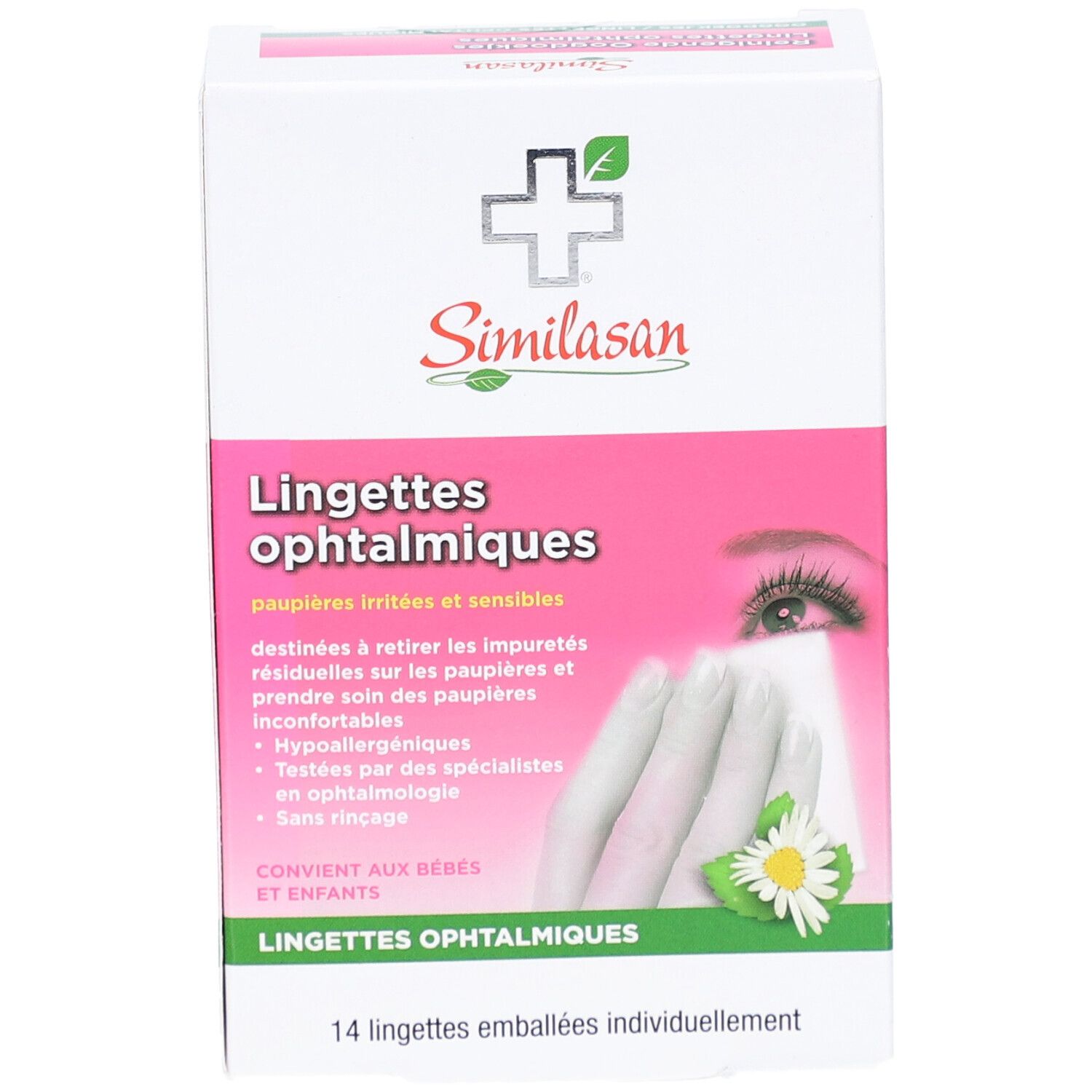 Boîte de Similasan Lingettes ophtalmiques. Emballage rose et blanc avec informations et logo. Contient 14 lingettes emballées individuellement.