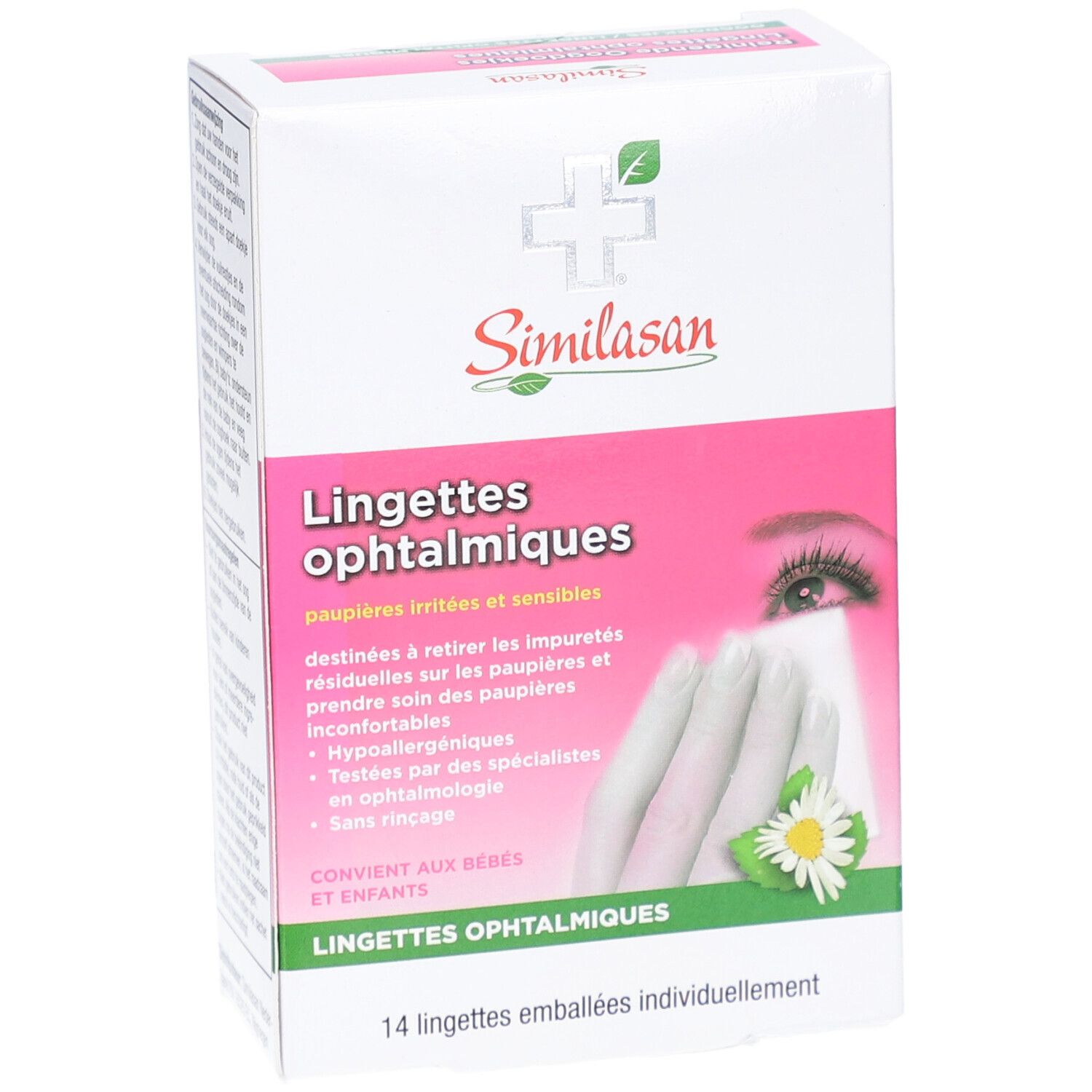 Boîte de Similasan Lingettes ophtalmiques. Emballage rose et blanc avec informations et logo. Contient 14 lingettes emballées individuellement.