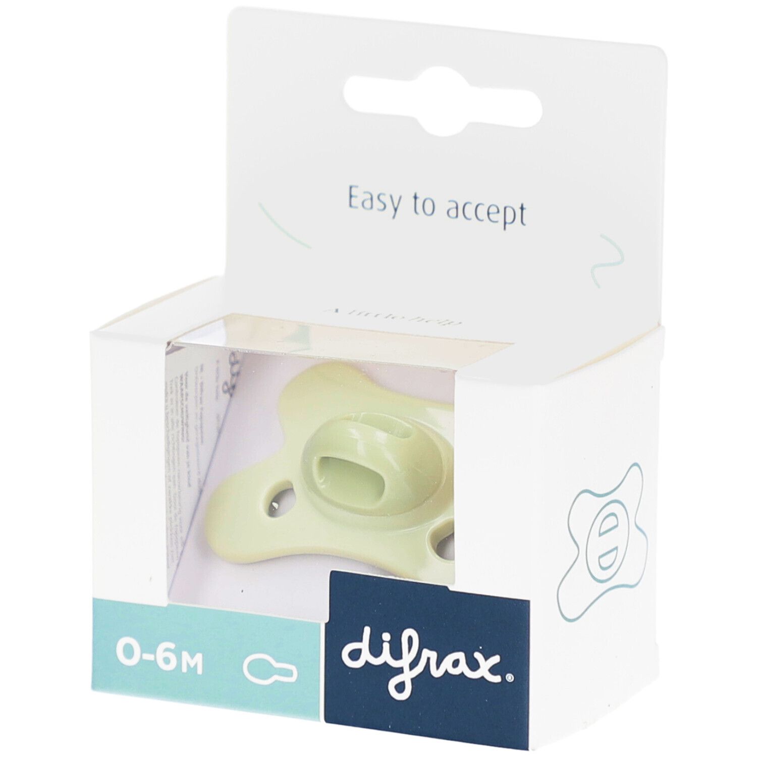 Fopspeen in verpakking. Lichtgroene kleur, 0-6M. Merk Difrax. Verpakking met venster.
